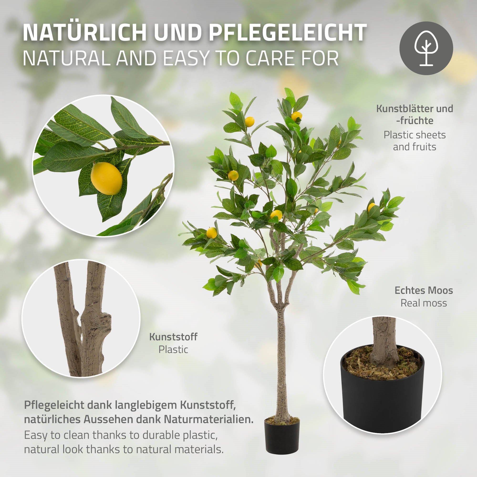 Künstlicher Baum mit Zitronen, Informationen zu Materialien und Pflege.