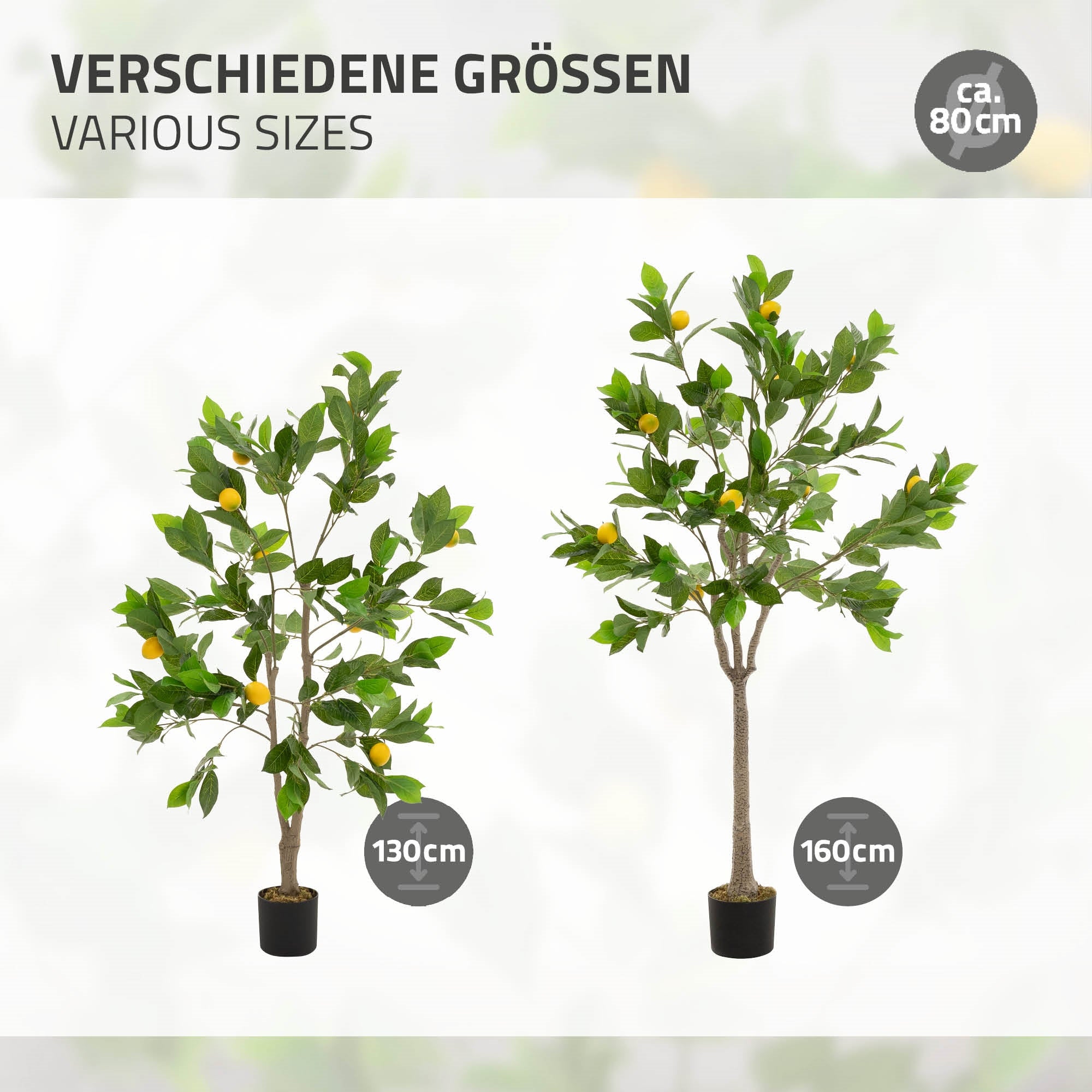 Zwei künstliche Bäume in verschiedenen Größen, 130 cm und 160 cm.