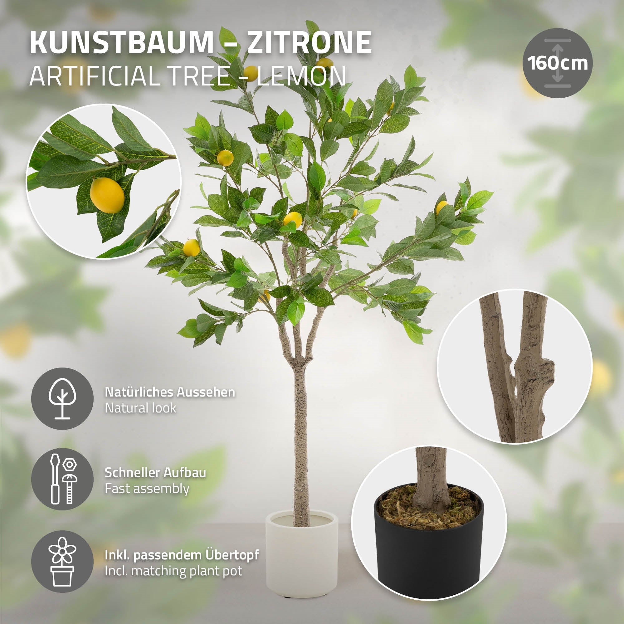 Kunstbaum mit Zitronen, Höhe 160 cm, mit passenden Übertopf.