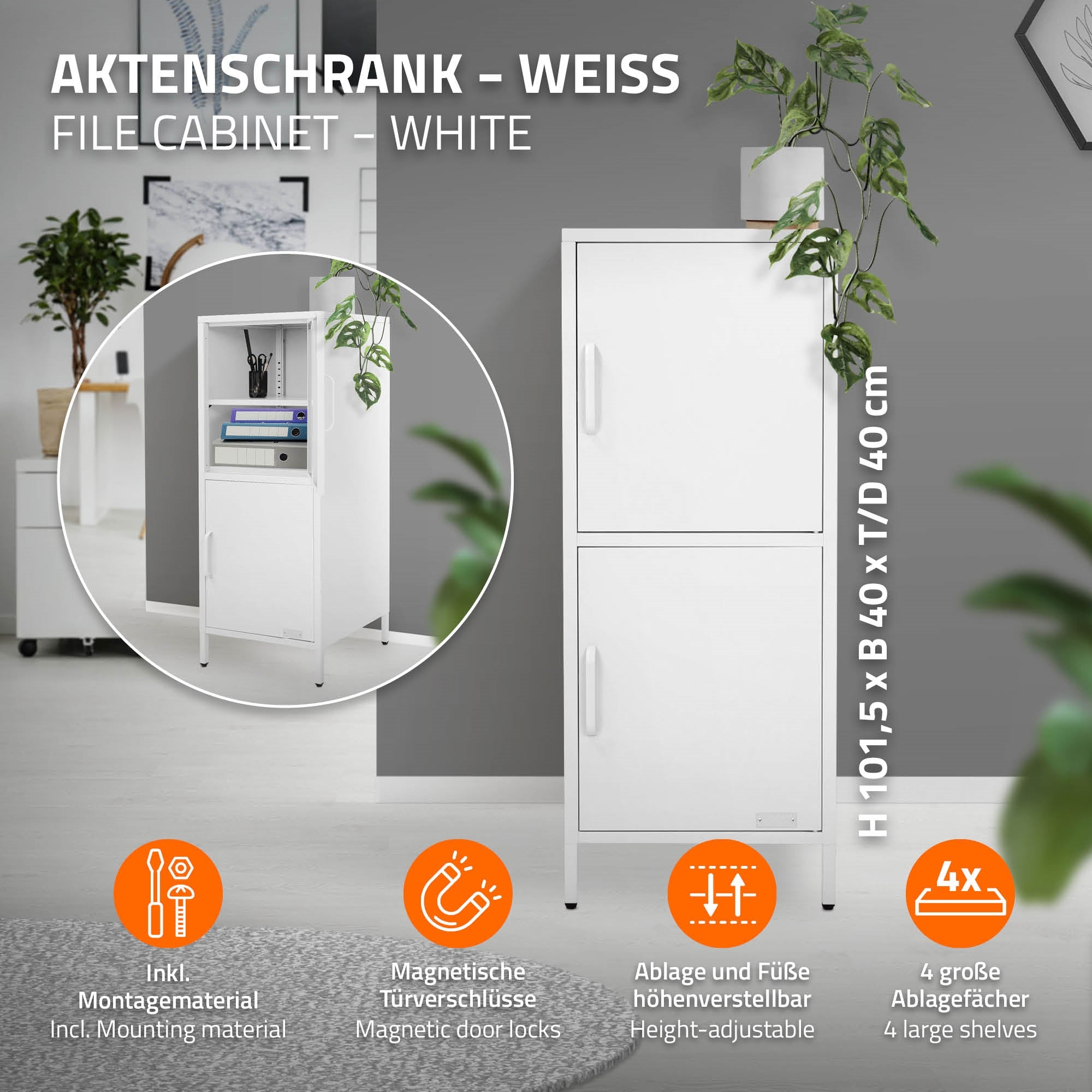 Ein weißer Aktenschrank mit zwei Türen und höhenverstellbaren Ablagen.