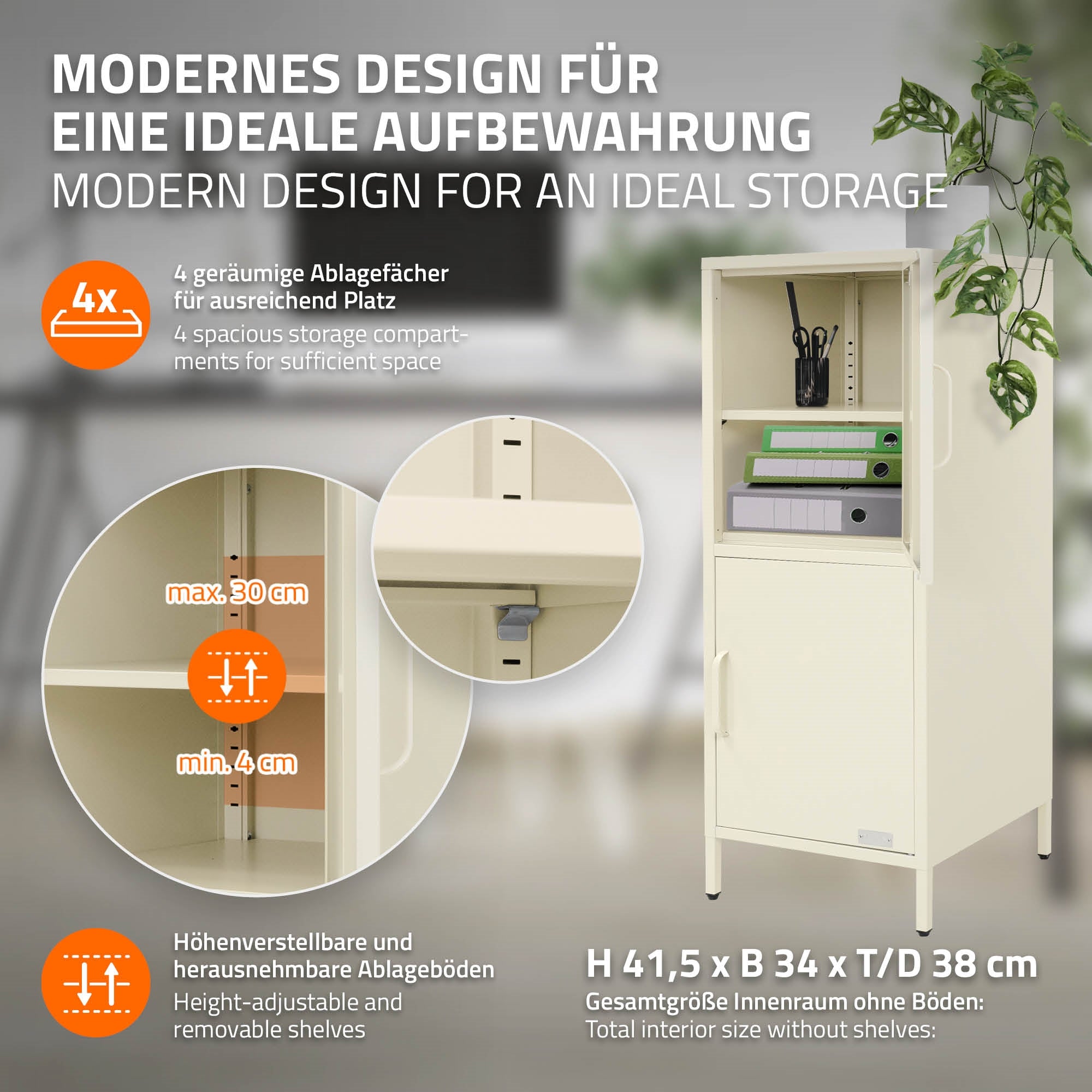 Heller Schrank mit Maßangaben und verstellbaren Regalen auf einem neutralen Hintergrund.