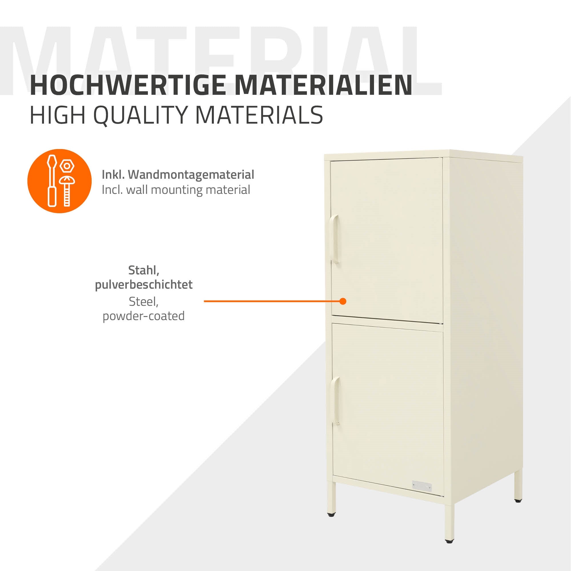 Ein beige Aktenschrank mit zwei Türen und Wandmontagematerial.