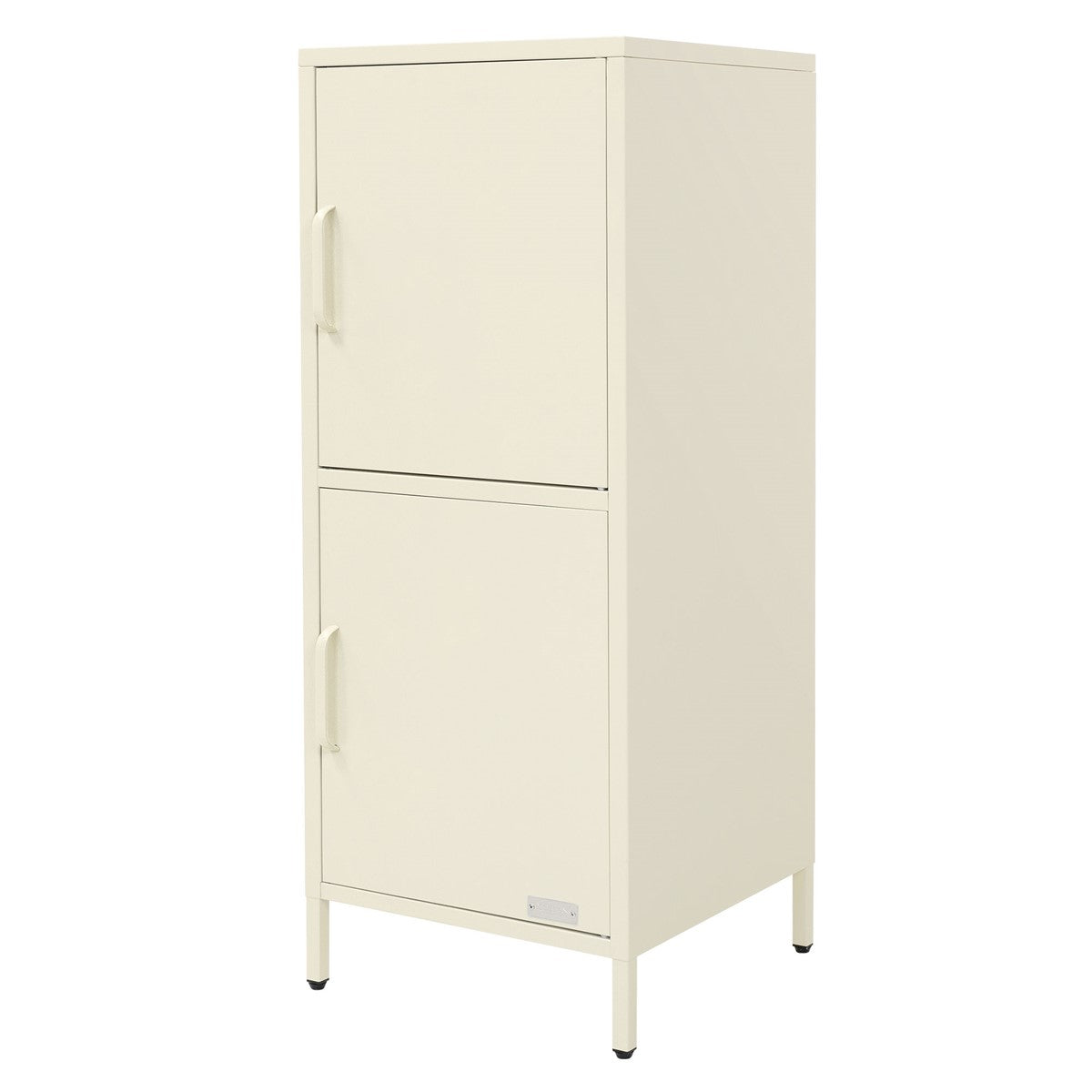 Weißer Schrank mit zwei Türen, der geschlossen ist, auf einem weißen Hintergrund.