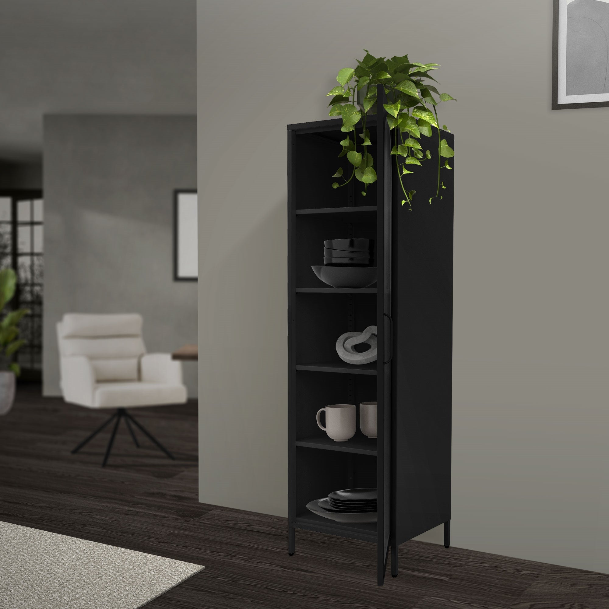 Vitrine noire avec étagères ouvertes et plantes sur le dessus.