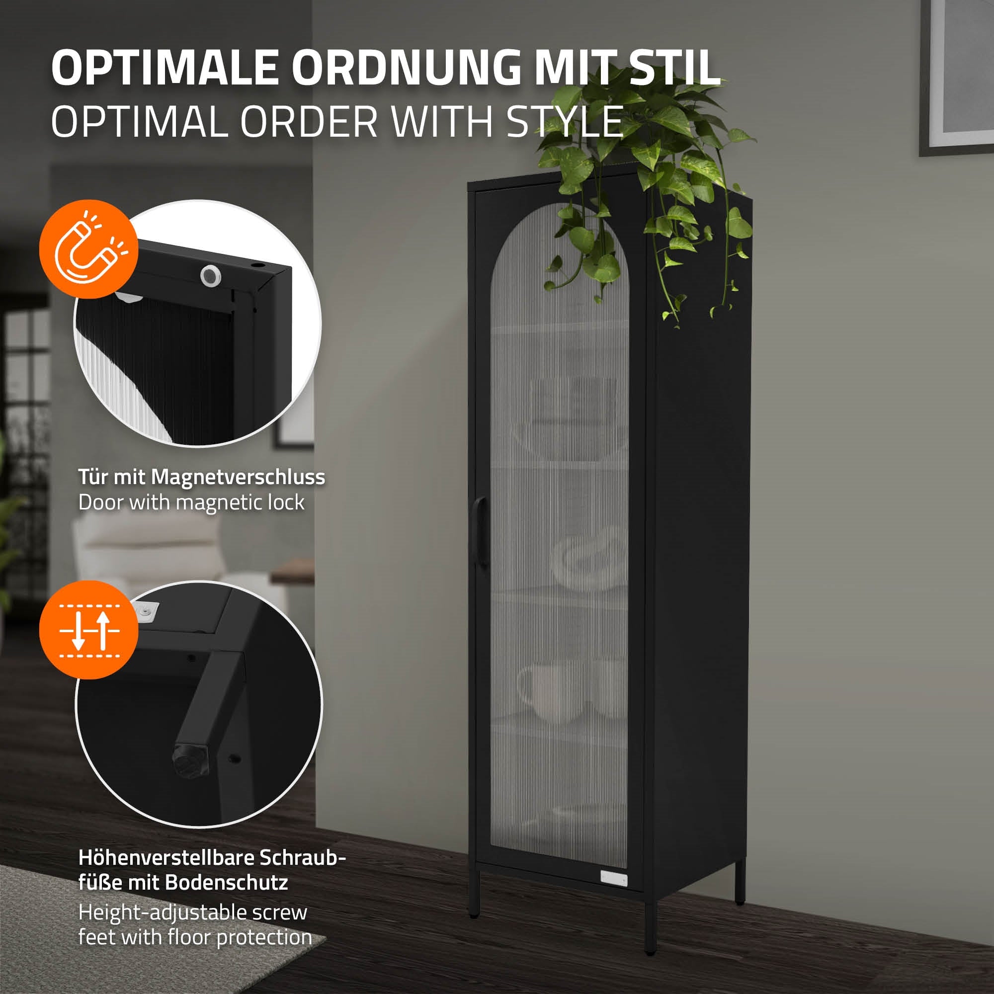 Armoire noire avec fermeture magnétique et pieds réglables en hauteur.