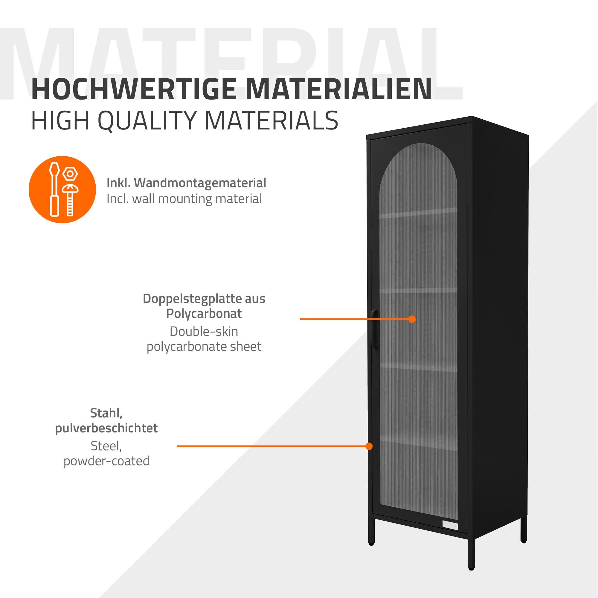 Schwarzer Schrank mit Glastüren und Pflanzen, Beschreibung der Materialien.
