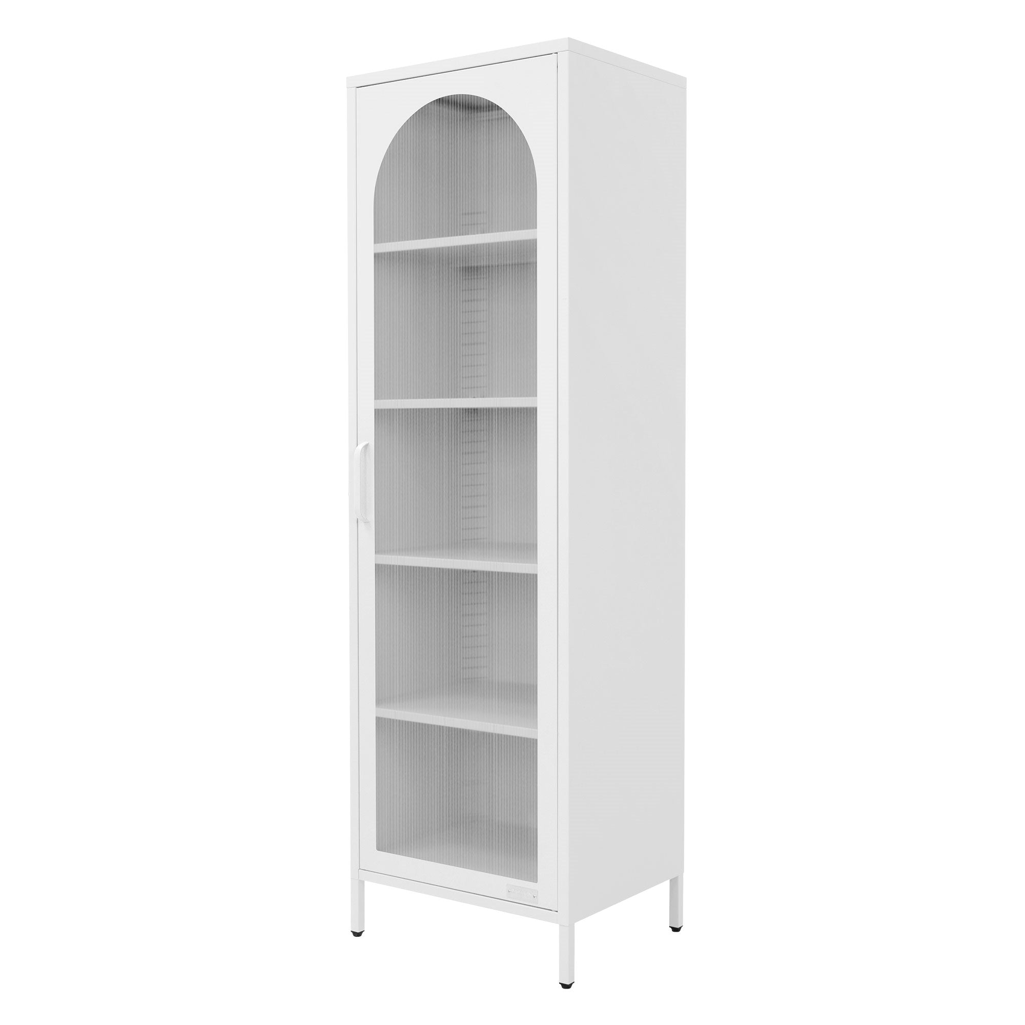Weißer, schmaler Schrank mit Glastür und vier Regalen.