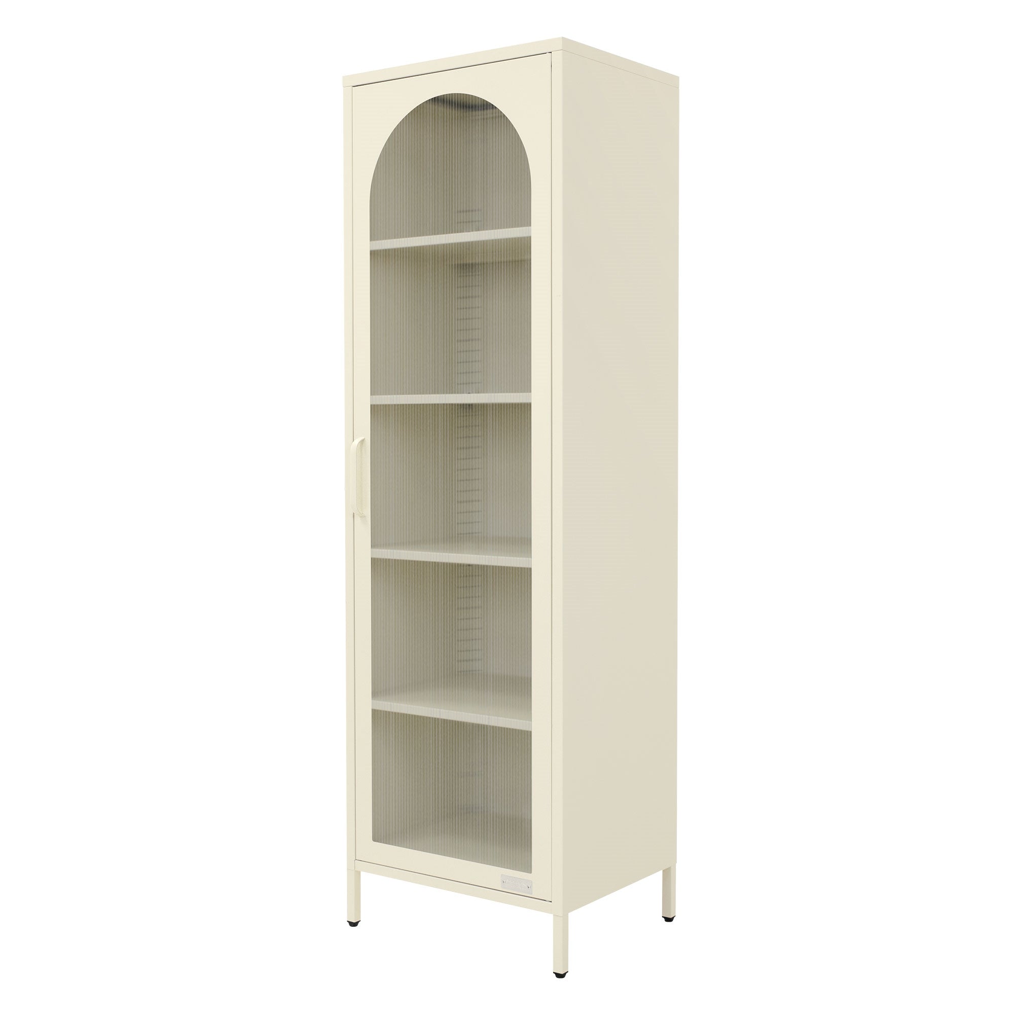 Schrank mit Glastür und mehreren Regalen in heller Farbe.