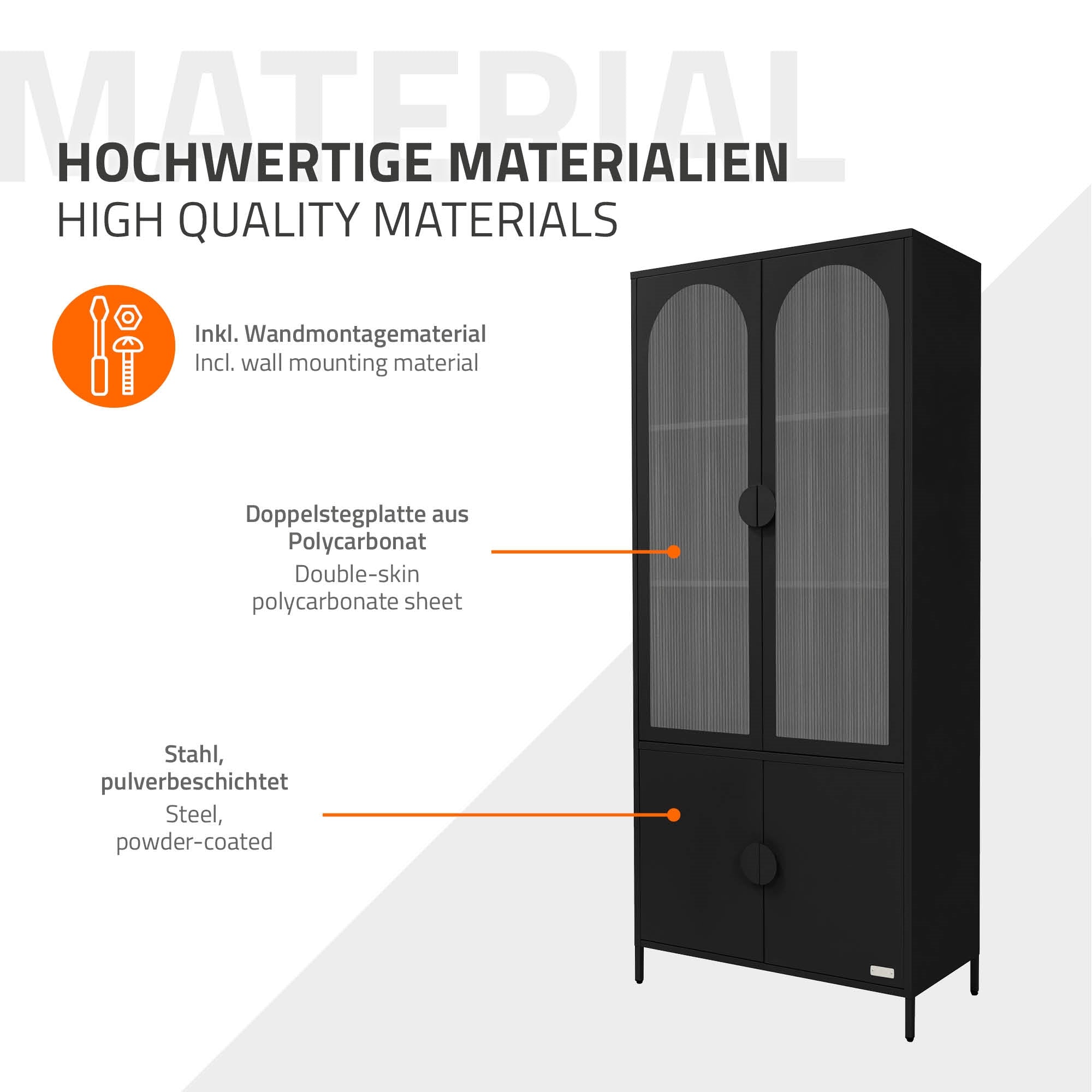 Schwarzer Schrank mit Glastüren, aus pulverbeschichtetem Stahl.