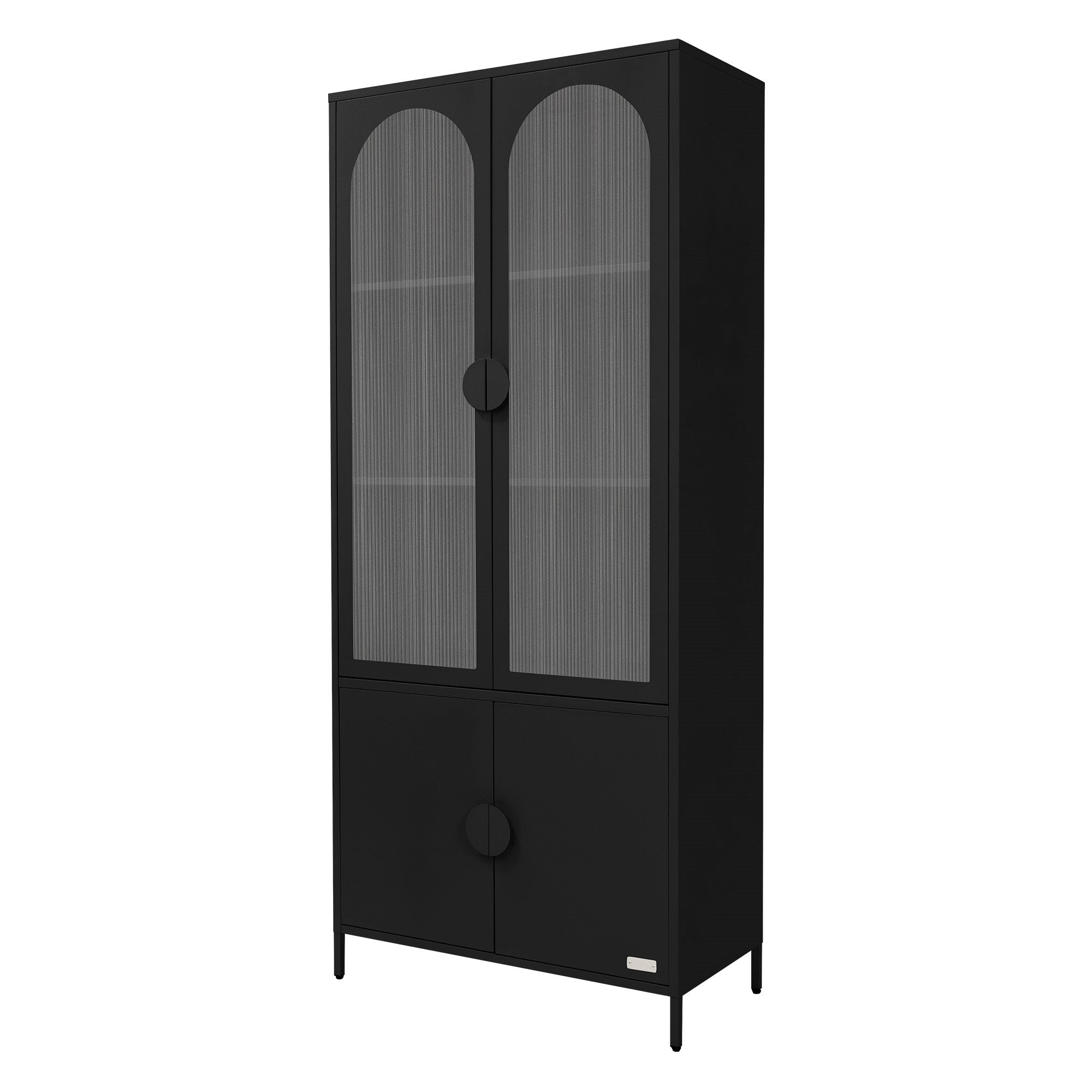 Ein schwarzer Schrank mit Glastüren, der auf einem weißen Hintergrund steht.