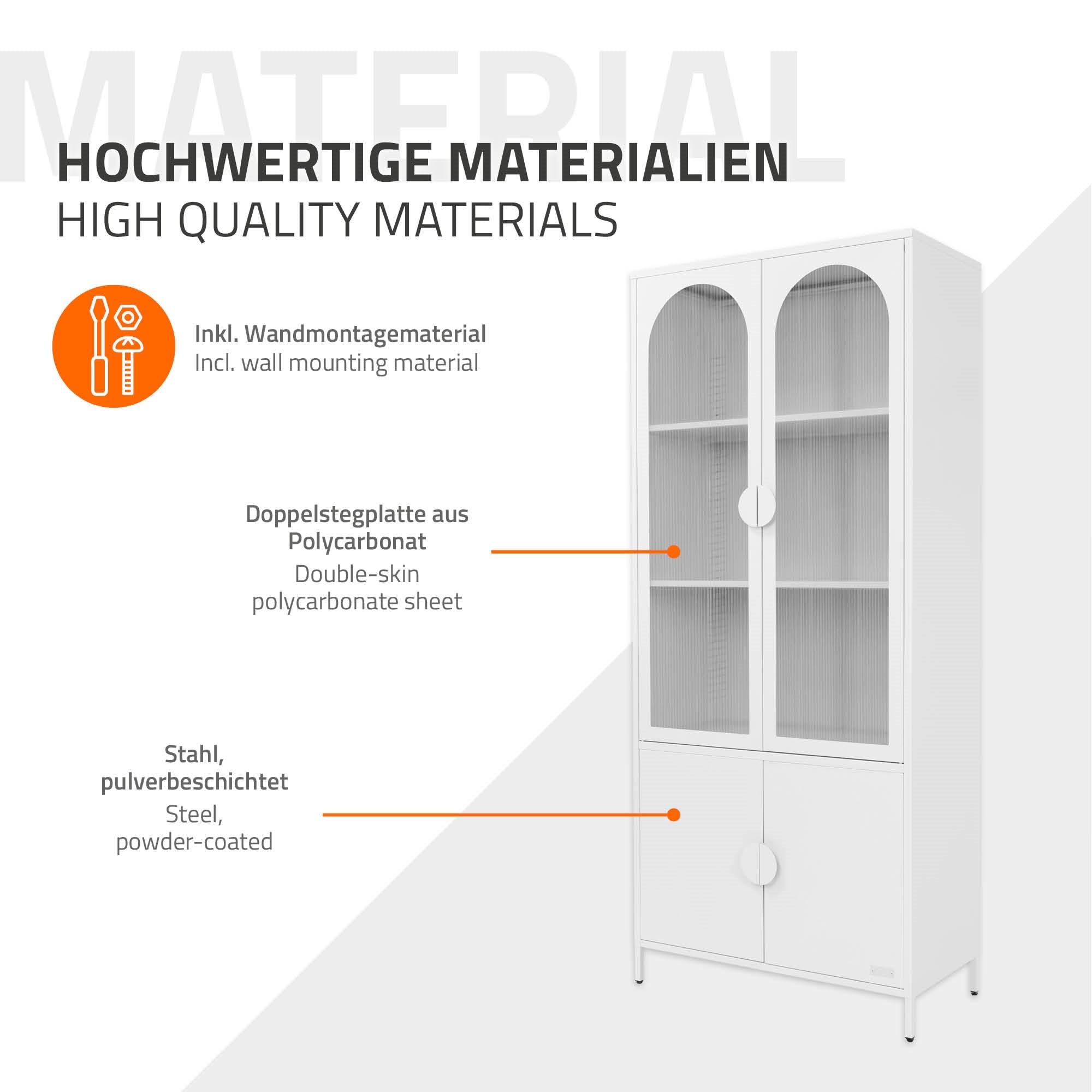 Description du matériau pour l'armoire, polycarbonate doublement revêtu.
