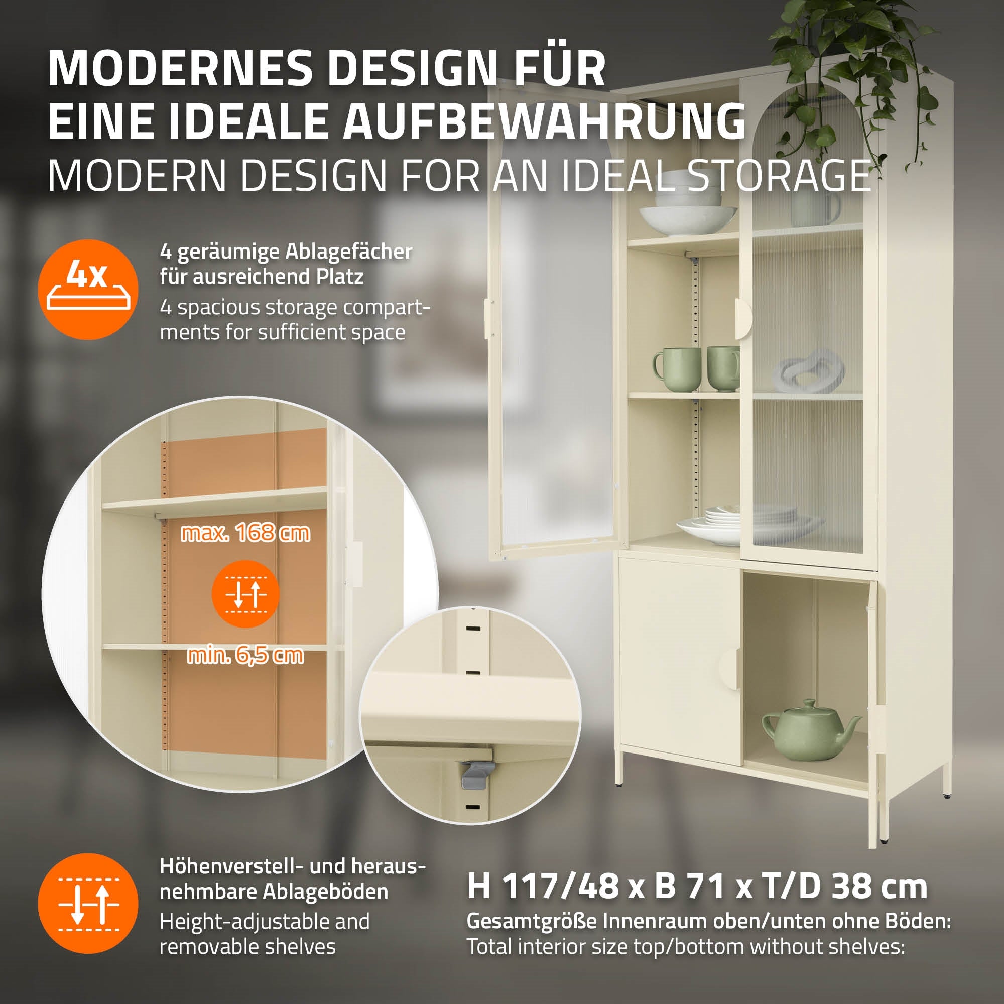 Ein moderner Schrank mit Glastüren und mehreren Ablagefächern.