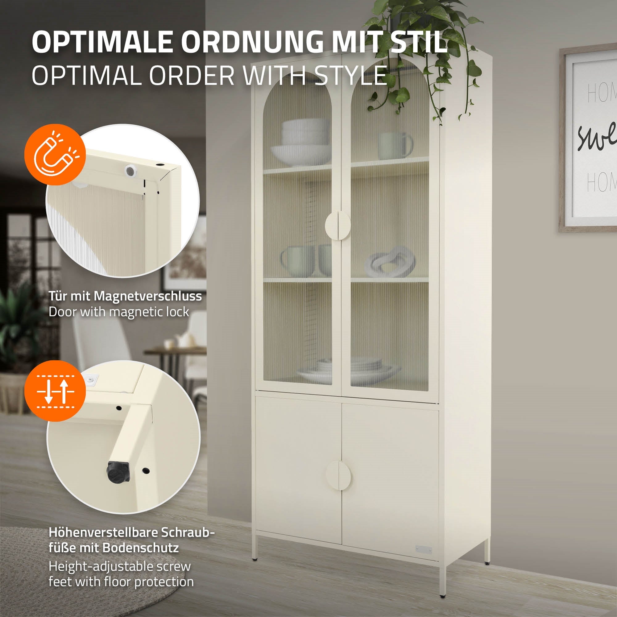Hochschrank mit Glastüren und Magnetverschluss, beige.