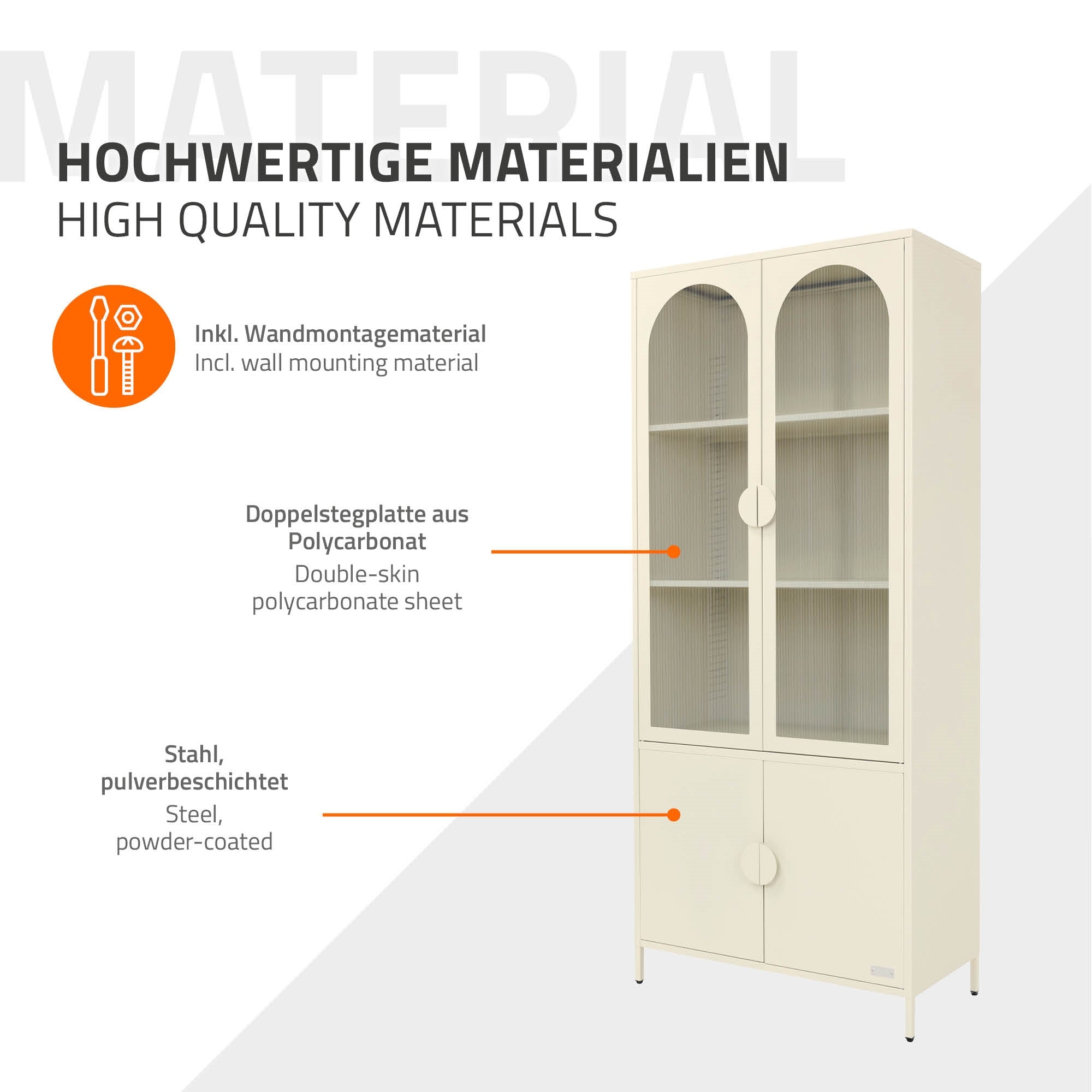 Grafik eines weißen Vitrinenschranks mit Beschreibung der Materialien.