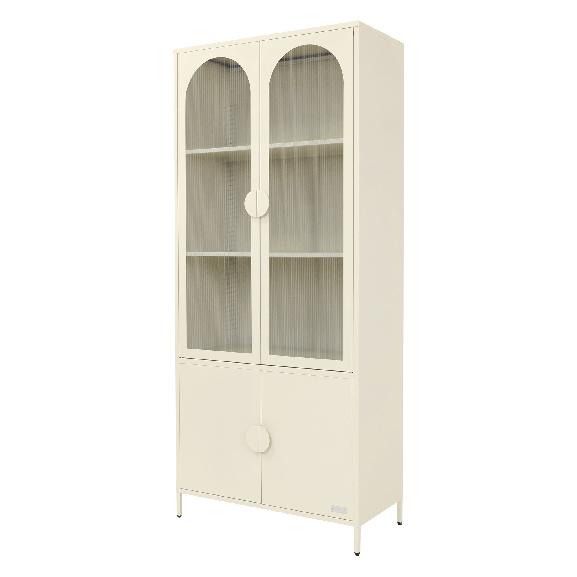 Schrank mit zwei Glastüren, vier Regalen und zwei Schubladen.