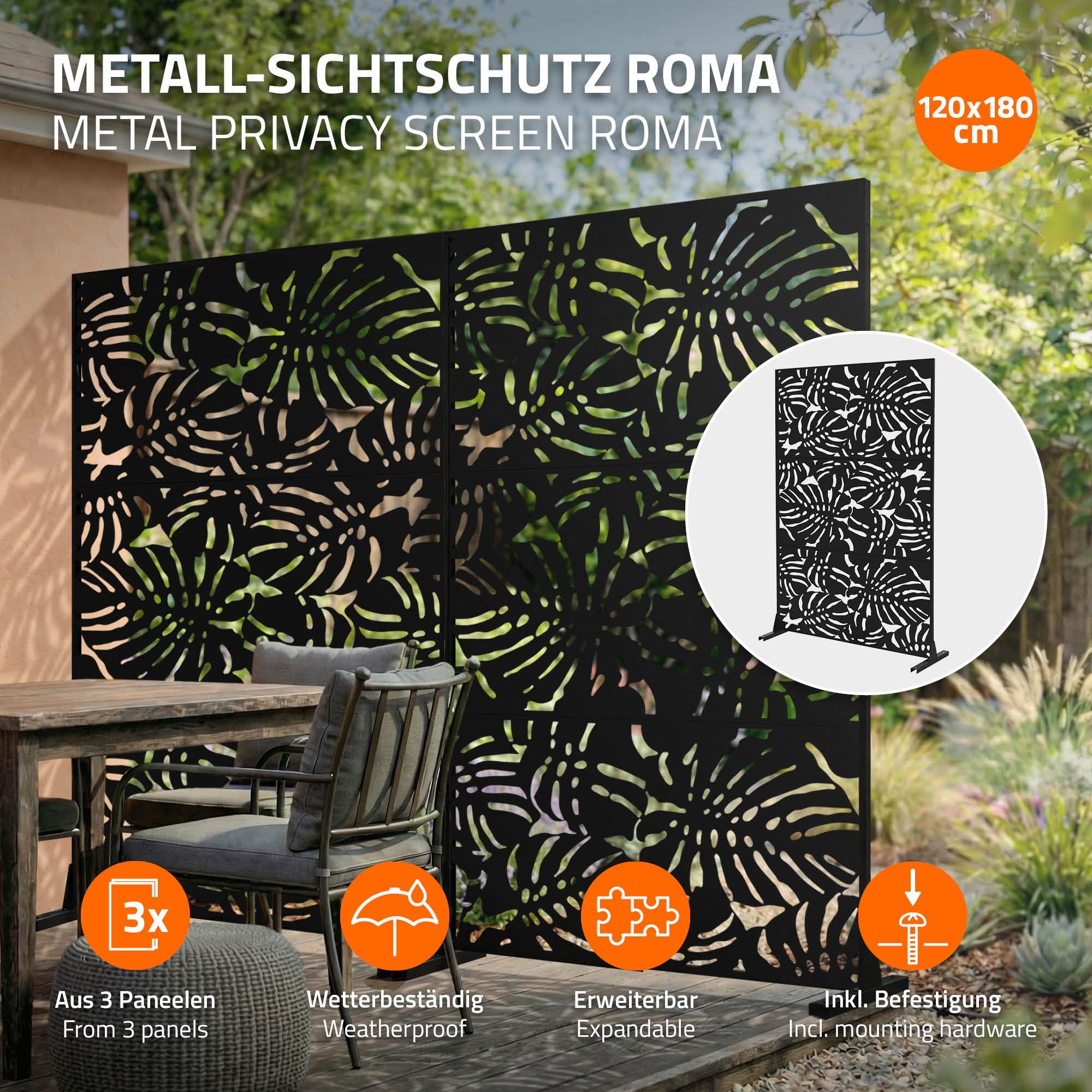 Metal skærmvæg Roma, tre-delt, vejrbestandig, placeret i haven.