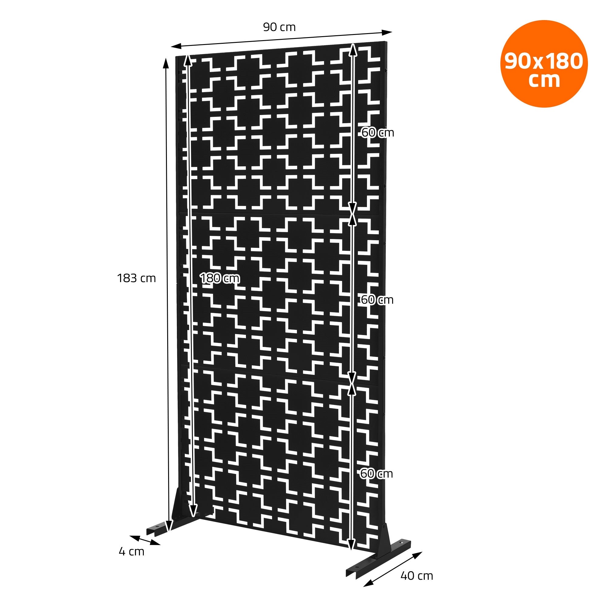 A black partition with white patterns and measurements.