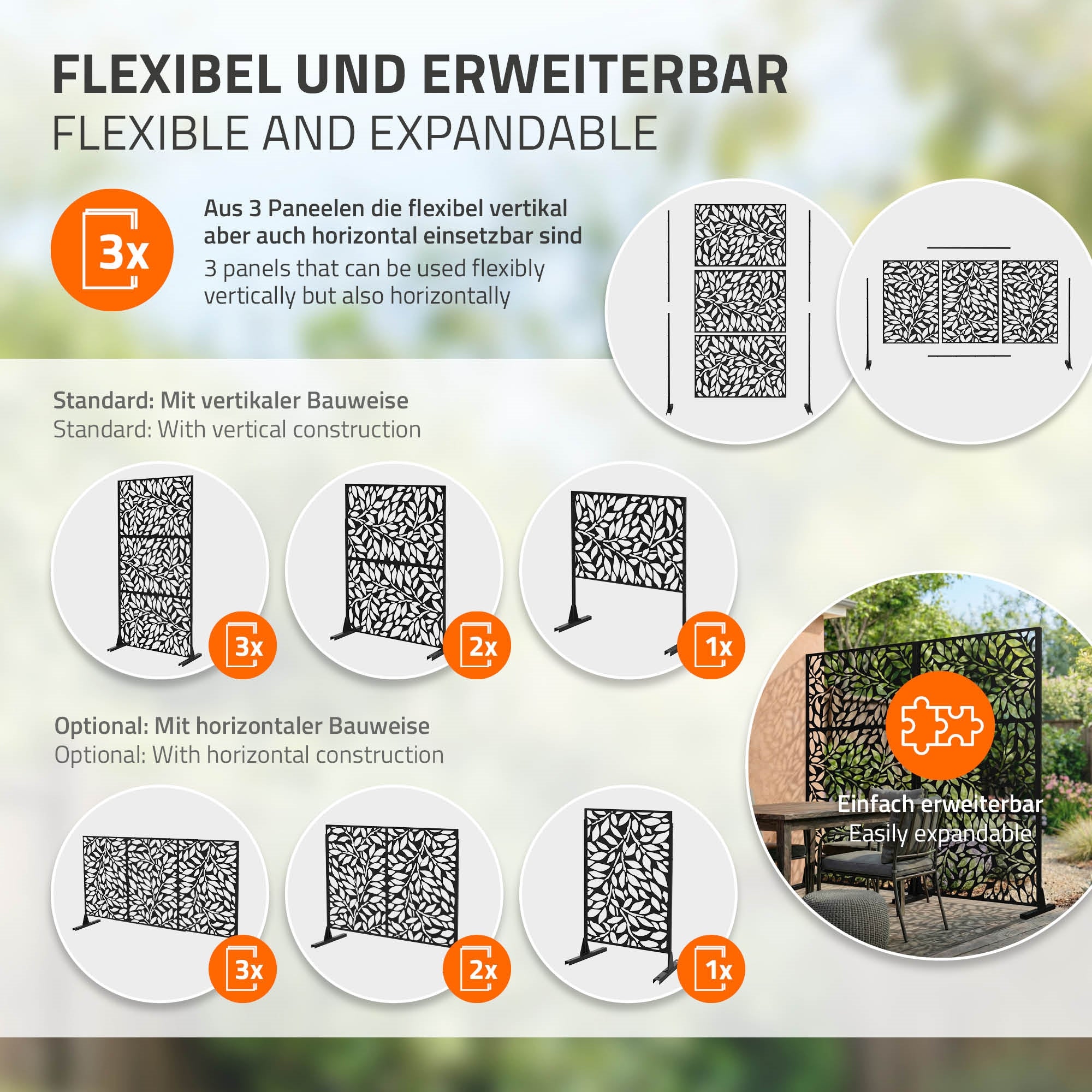 Tre paneler til fleksibel rumopdeling i forskellige designs.