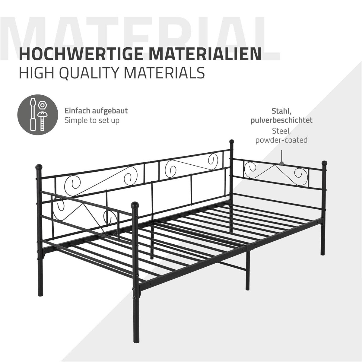 Zwart gepoedercoat bedframe met decoratieve elementen.