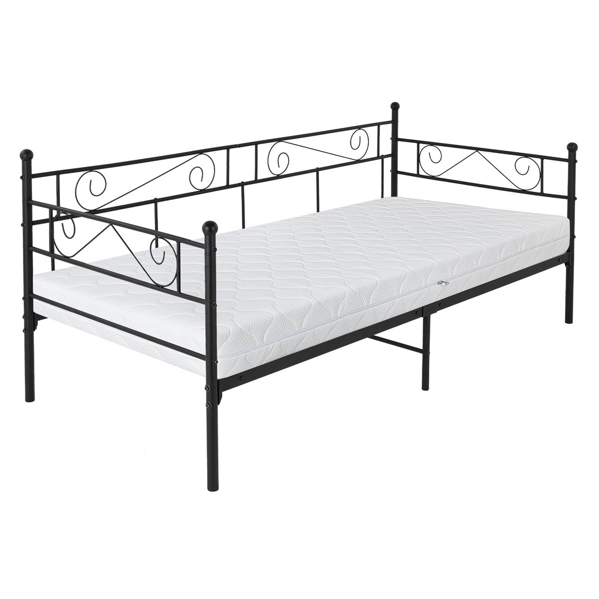 Zwart metalen bed met gebogen elementen en matras.