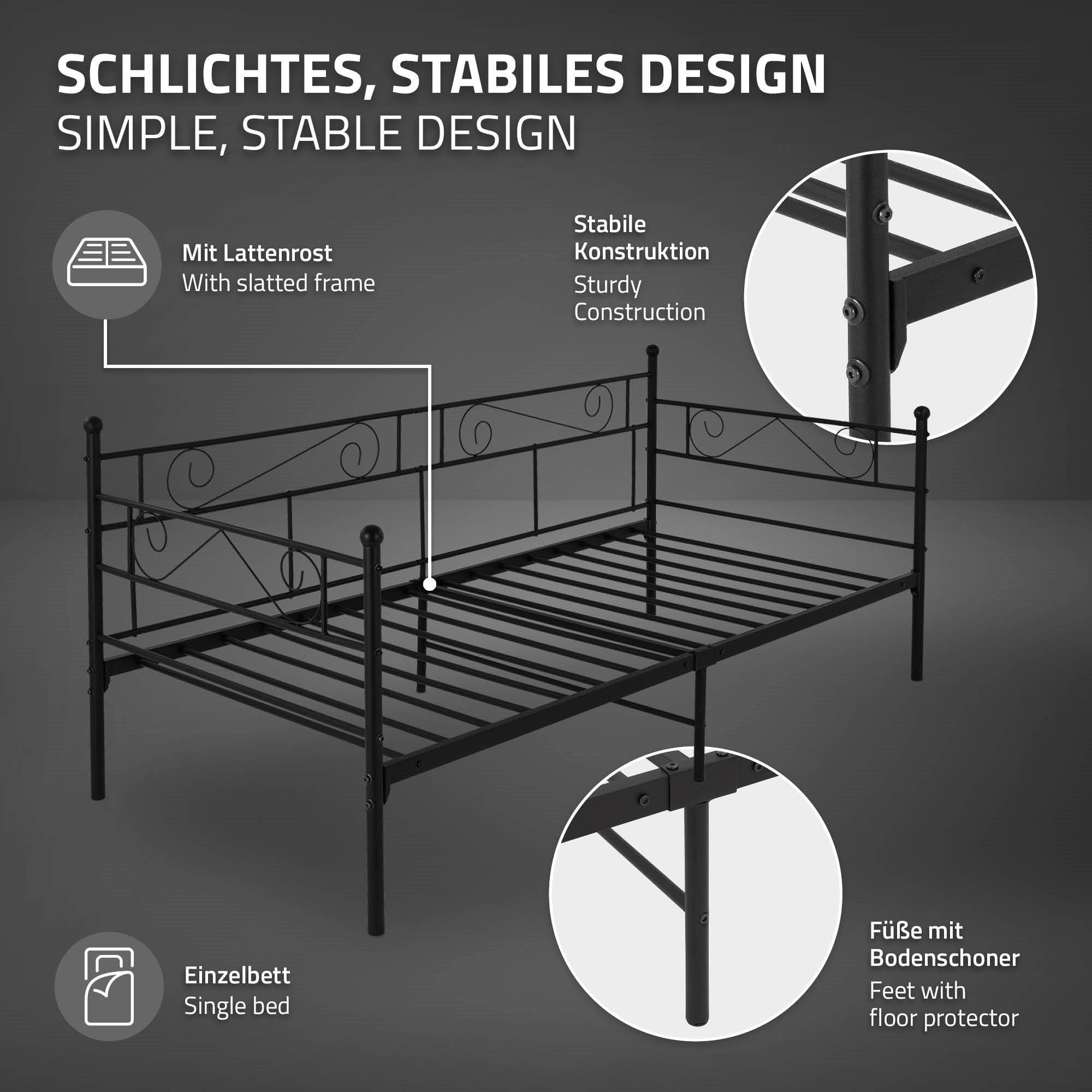 Schwarzes Einzelbett mit stabiler Konstruktion und Füßen mit Bodenschoner
