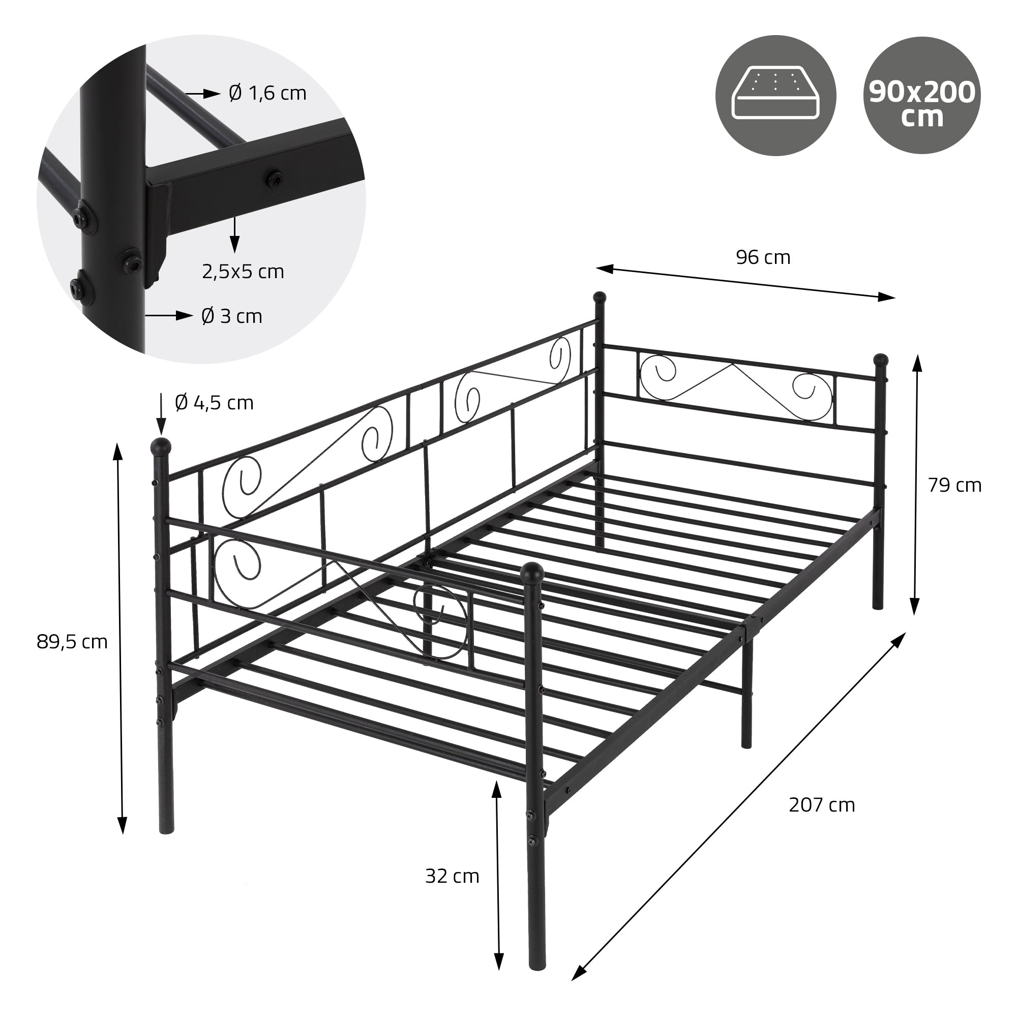 Zwart metalen bed met afmetingen 90x200 cm en decoratieve elementen.