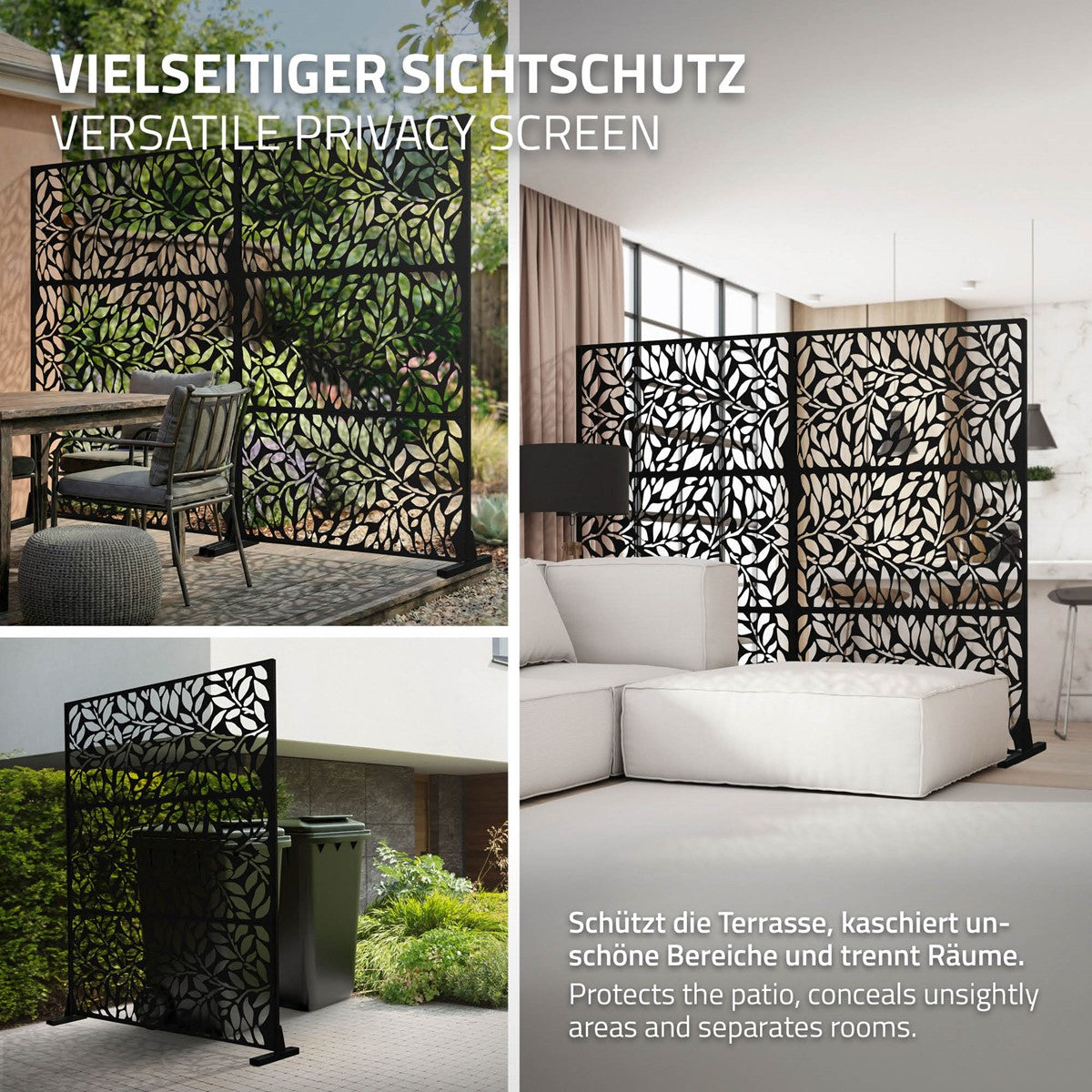 Drei Sichtschutzwände mit Blattmuster in verschiedenen Umgebungen.