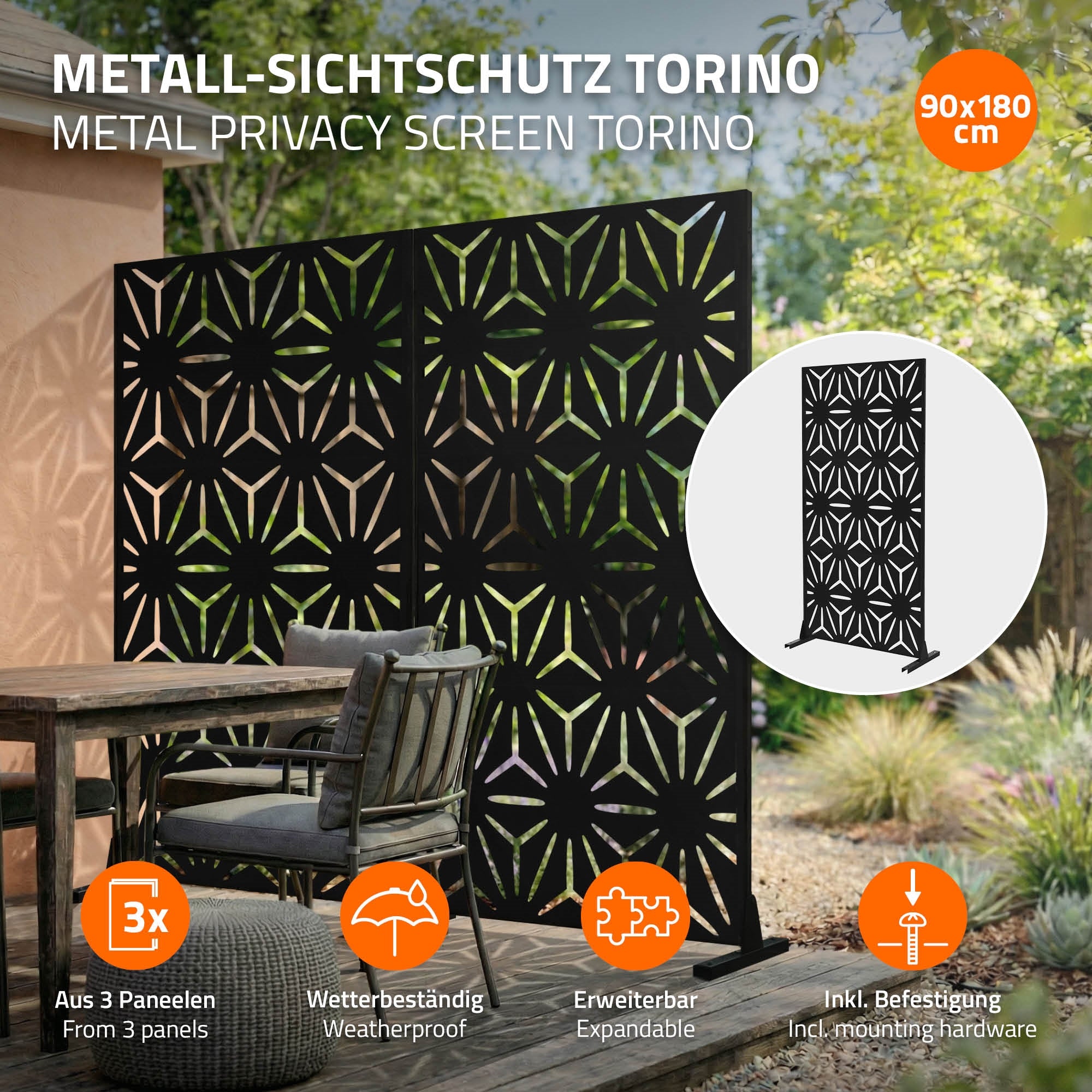 Metall-Sichtschutz Torino, 90x180 cm, aus 3 Paneelen.