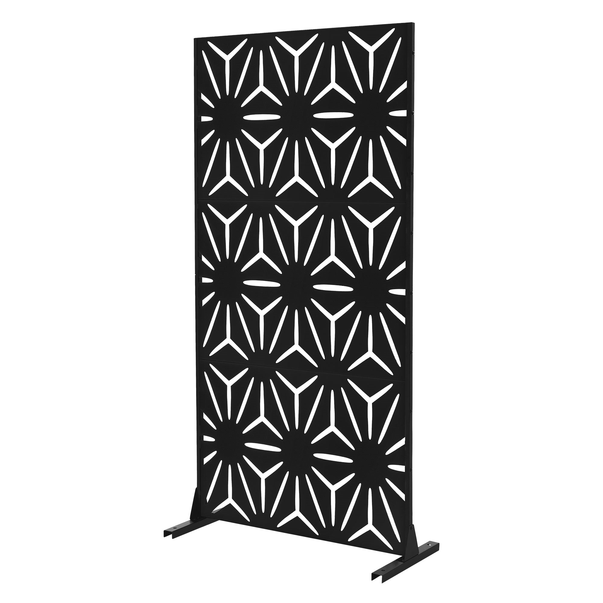 Schwarze Trennwand mit geometrischem Muster, auf einem stabilen Fuß stehend.