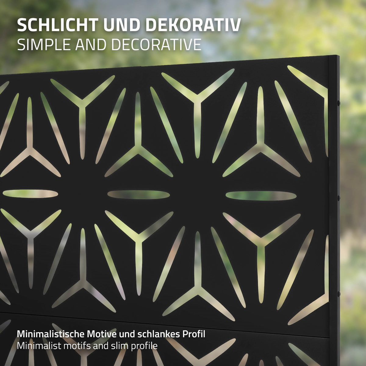 Dekorativní kovový panel s geometrickým vzorem, označený 'Jednoduché a dekorativní'.