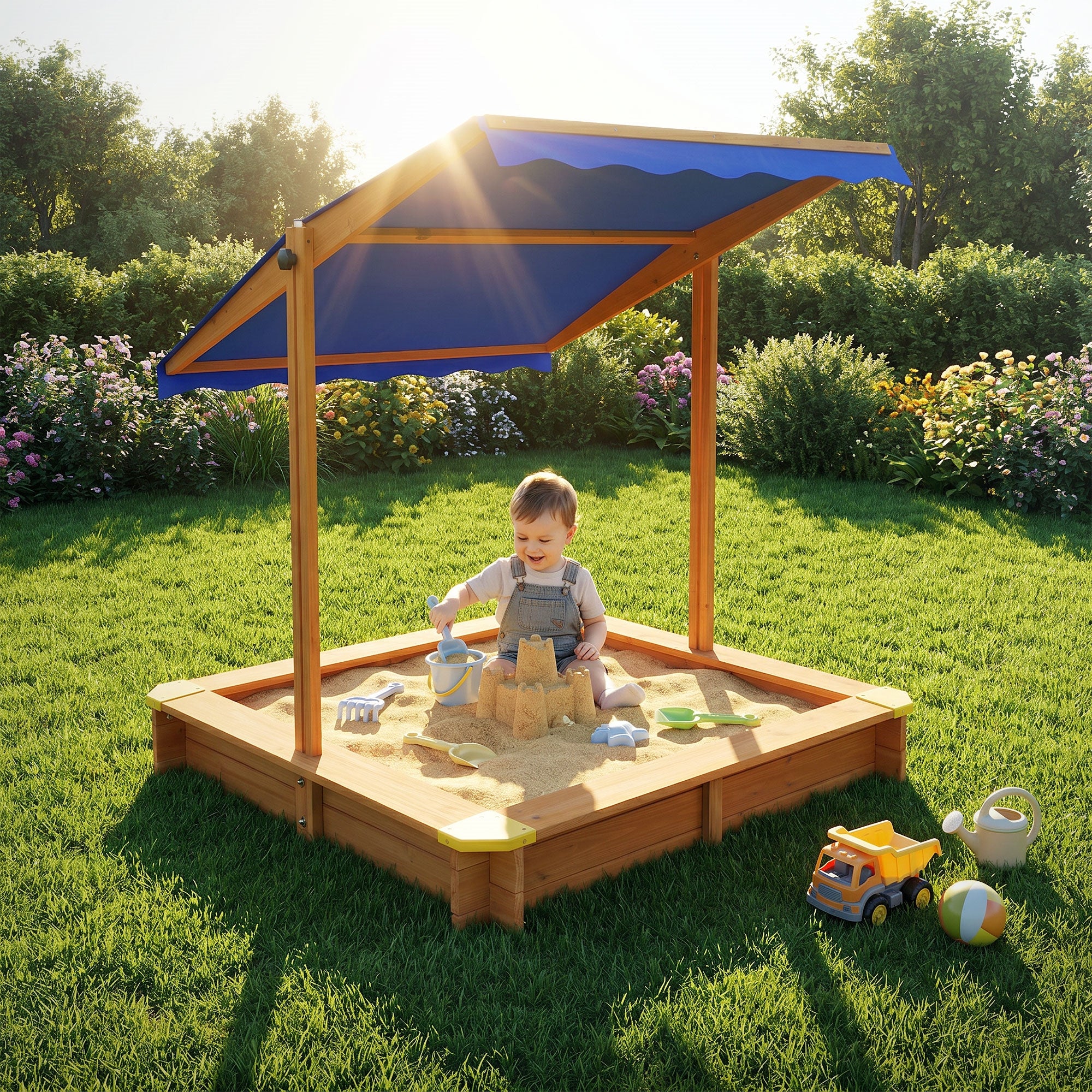 Ein Kind spielt in einer Sandkiste mit einem Sonnenschutz und Spielzeug.