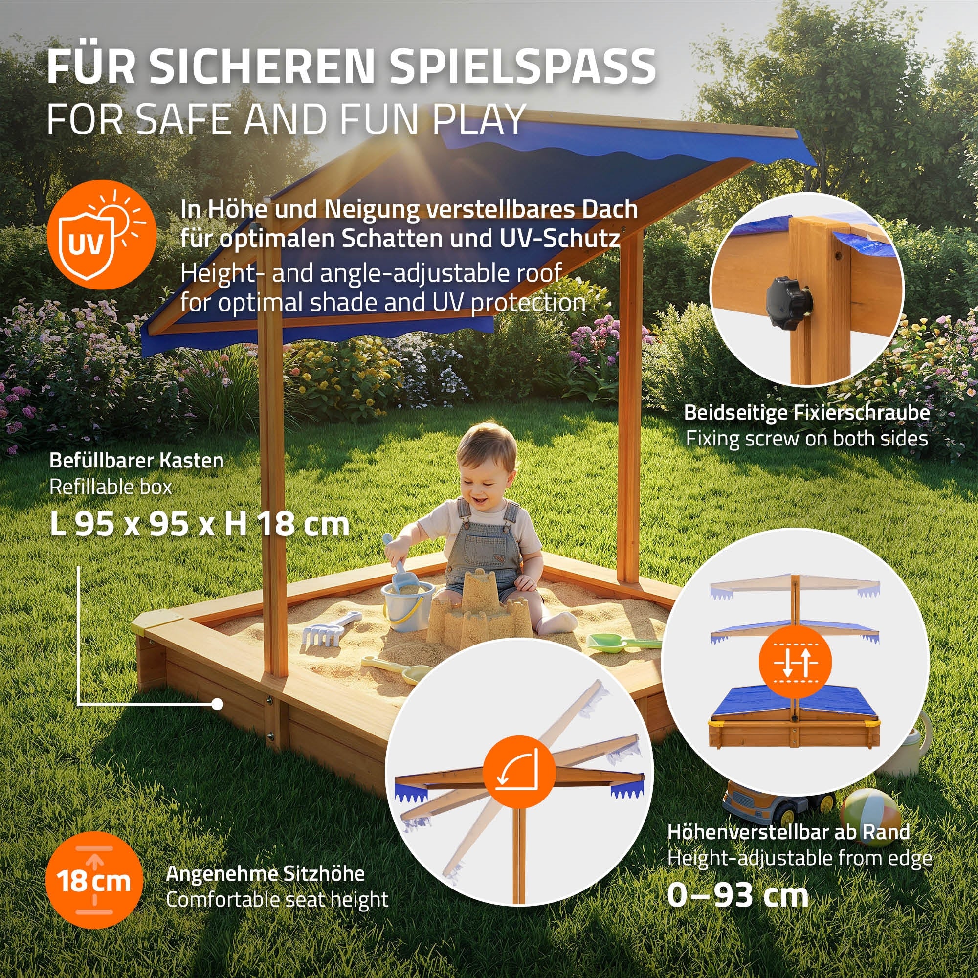 Sandkasten mit verstellbarem Dach, Maße 95x95x18 cm.