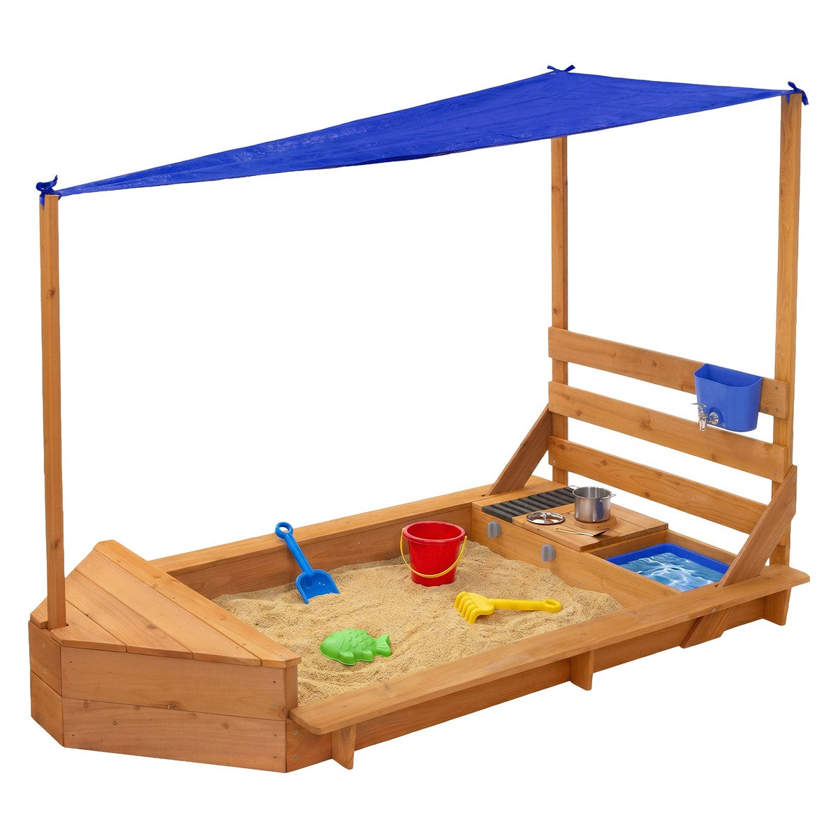 Wooden sandbox with toys and sunshade.