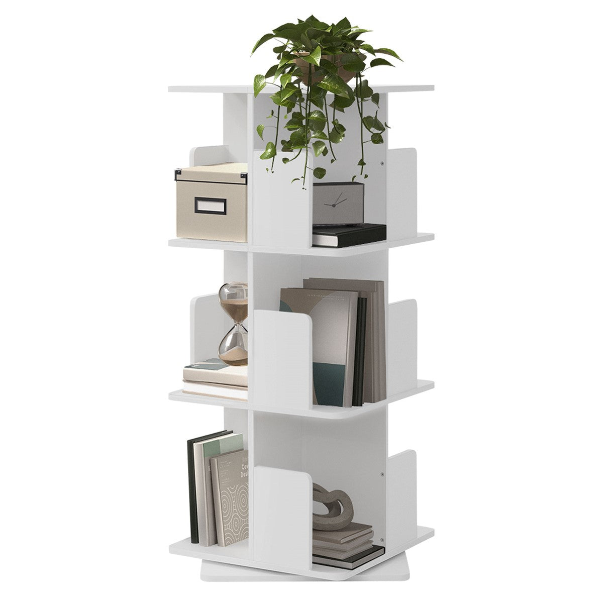 White shelving unit with plants and books on several levels.