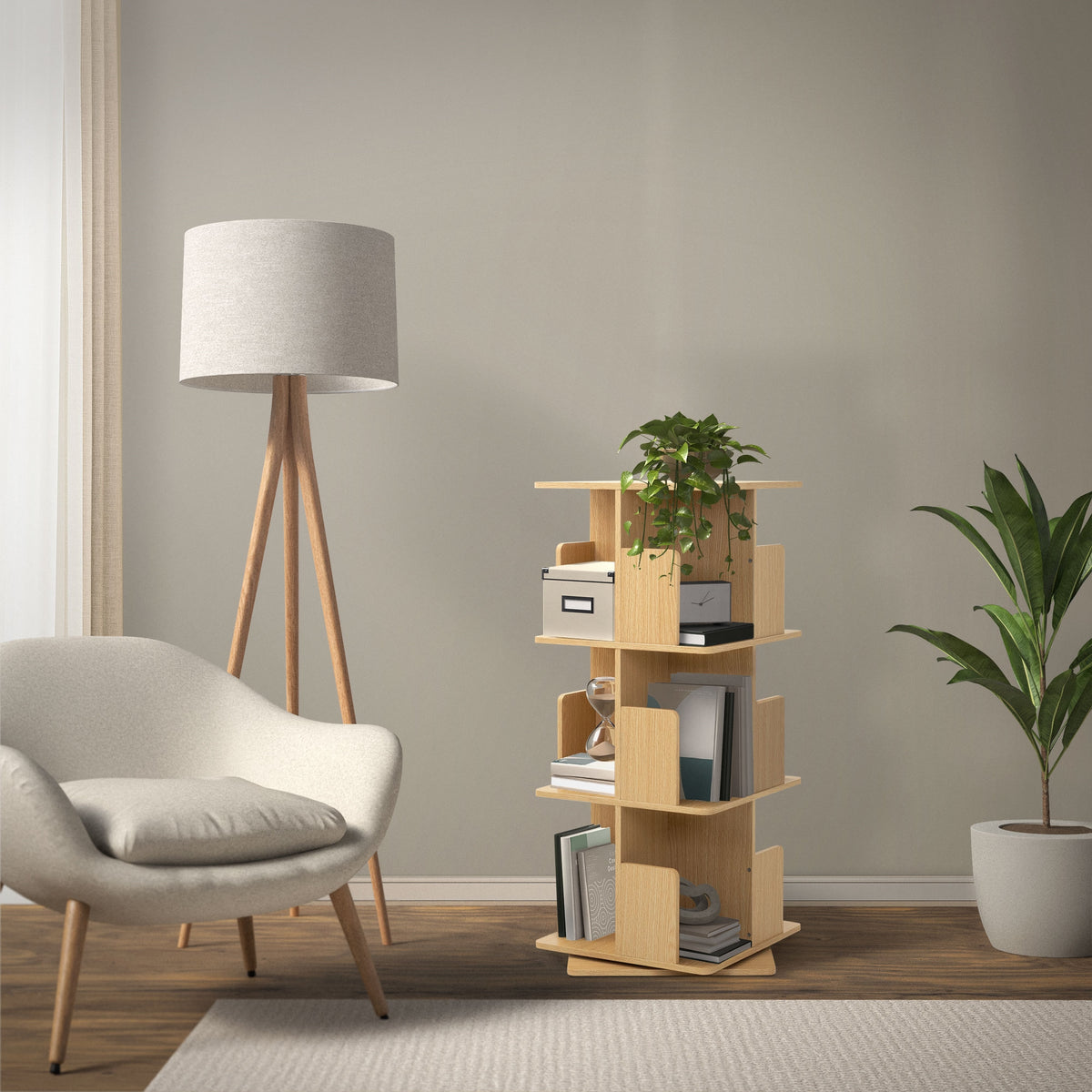 Et moderne rum med et bogreol, en lampe og en lænestol.