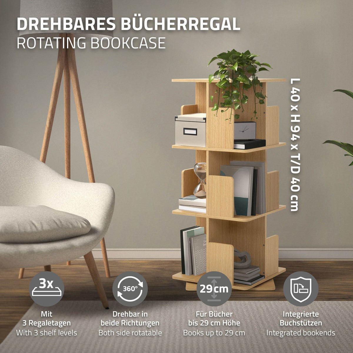 Drehbares Bücherregal aus Holz mit drei Regalebenen und Buchstützen.