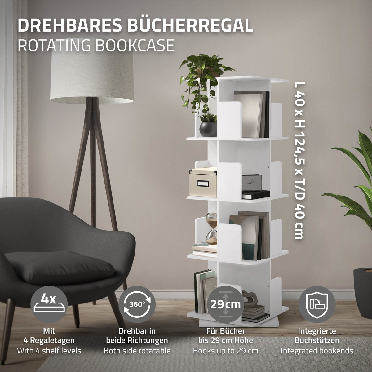 Ein drehbares Bücherregal in Weiß mit mehreren Fächern und integrierten Buchstützen.