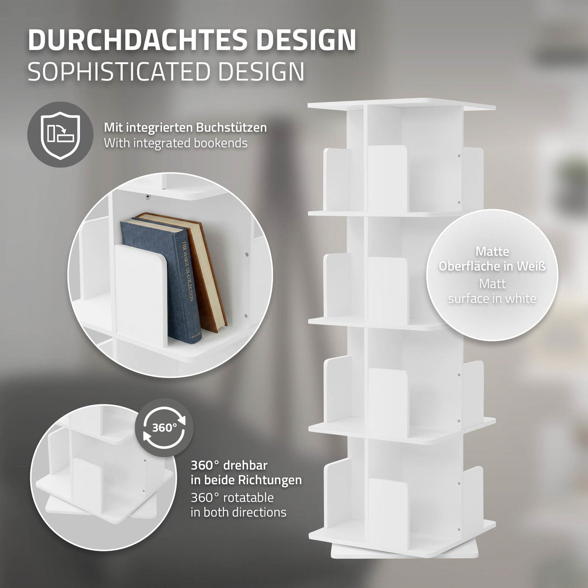 Weißes Bücherregal mit integrierten Buchstützen und 360° Drehfunktion.