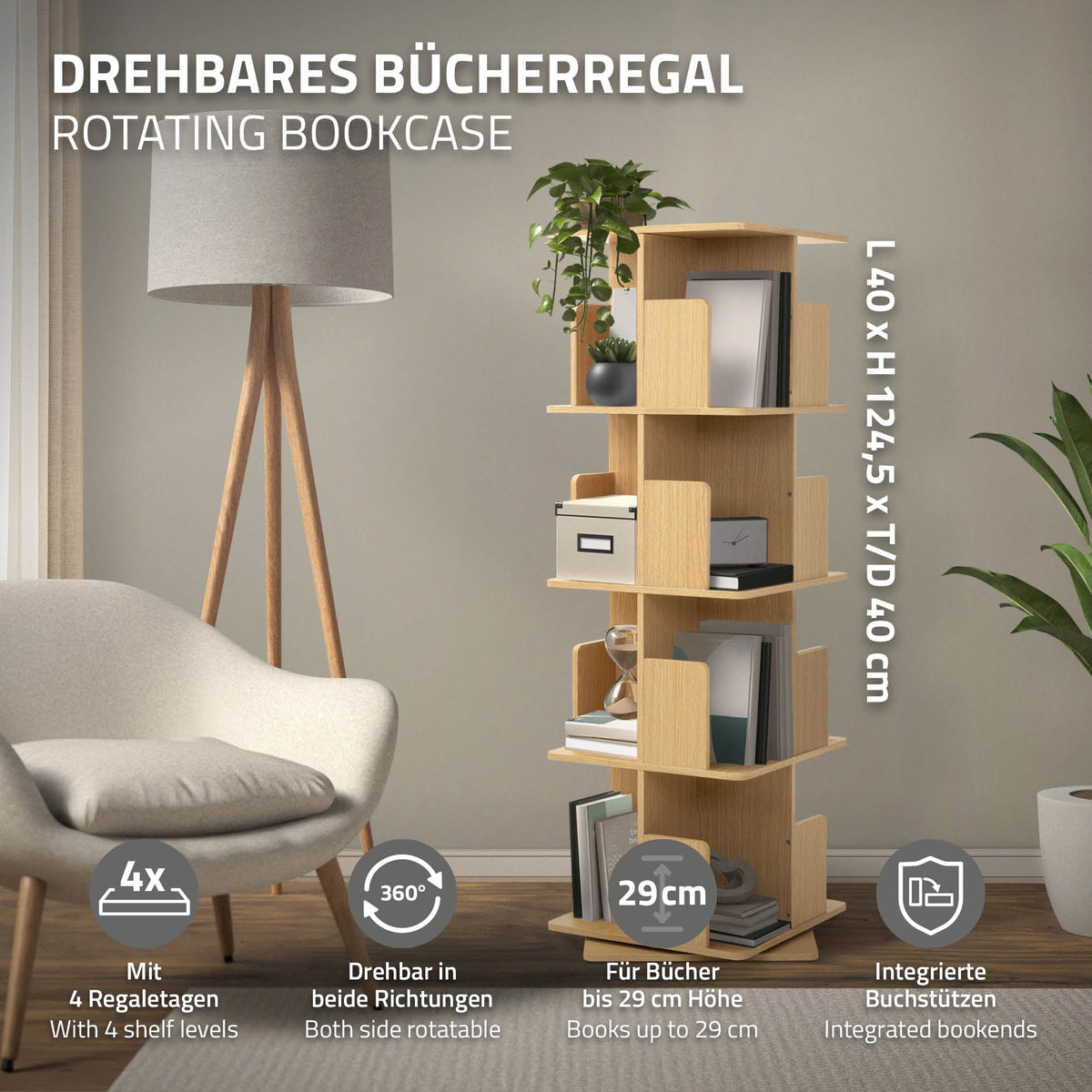 Drejbar bogreol med fire hylder og 360° drejefunktion.