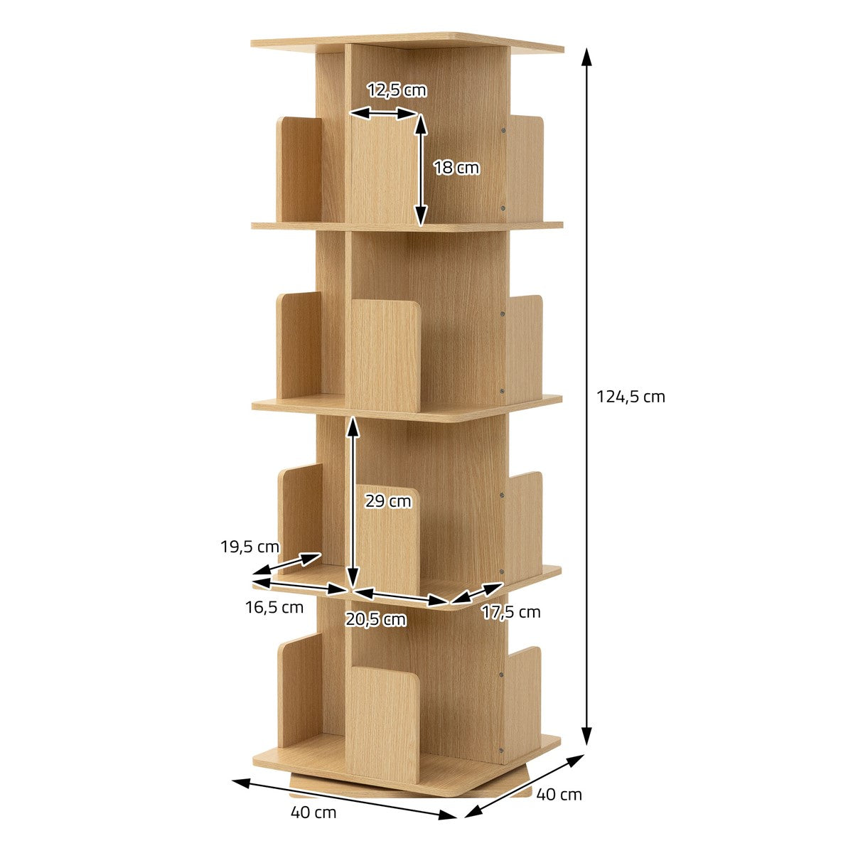 Holzregal mit vier Ebenen, Maße und Details zur Konstruktion.