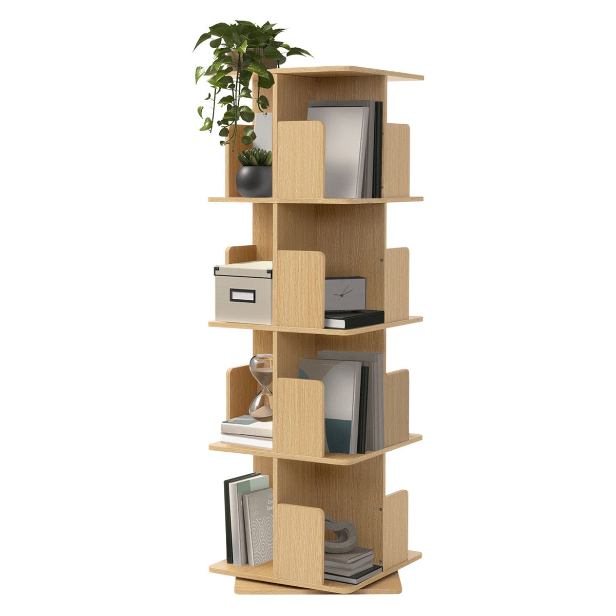 Holzregal mit Pflanzen und Büchern, fünf Ebenen, modernes Design.
