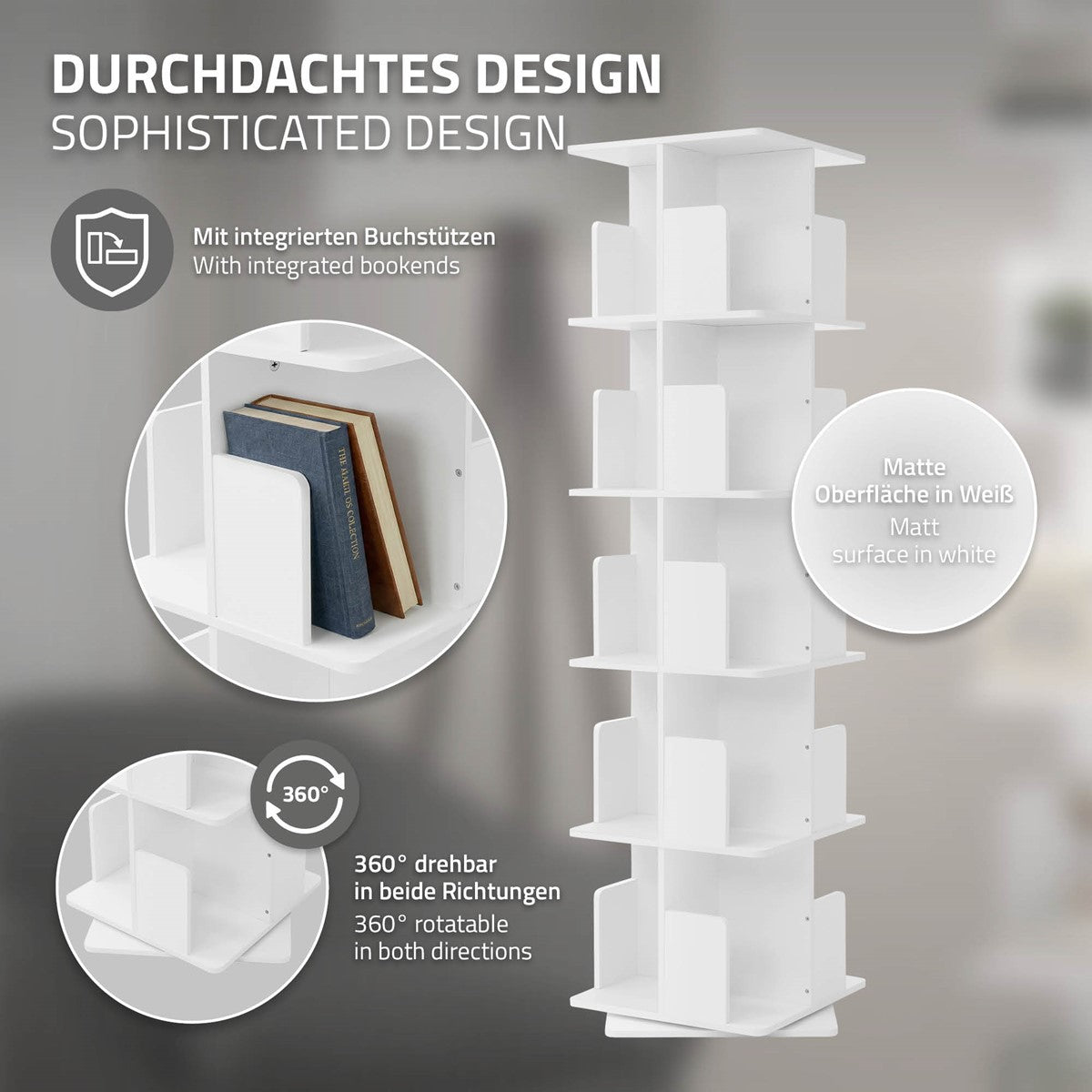 Regal mit integrierten Buchstützen, matte Oberfläche in Weiß, 360° drehbar.