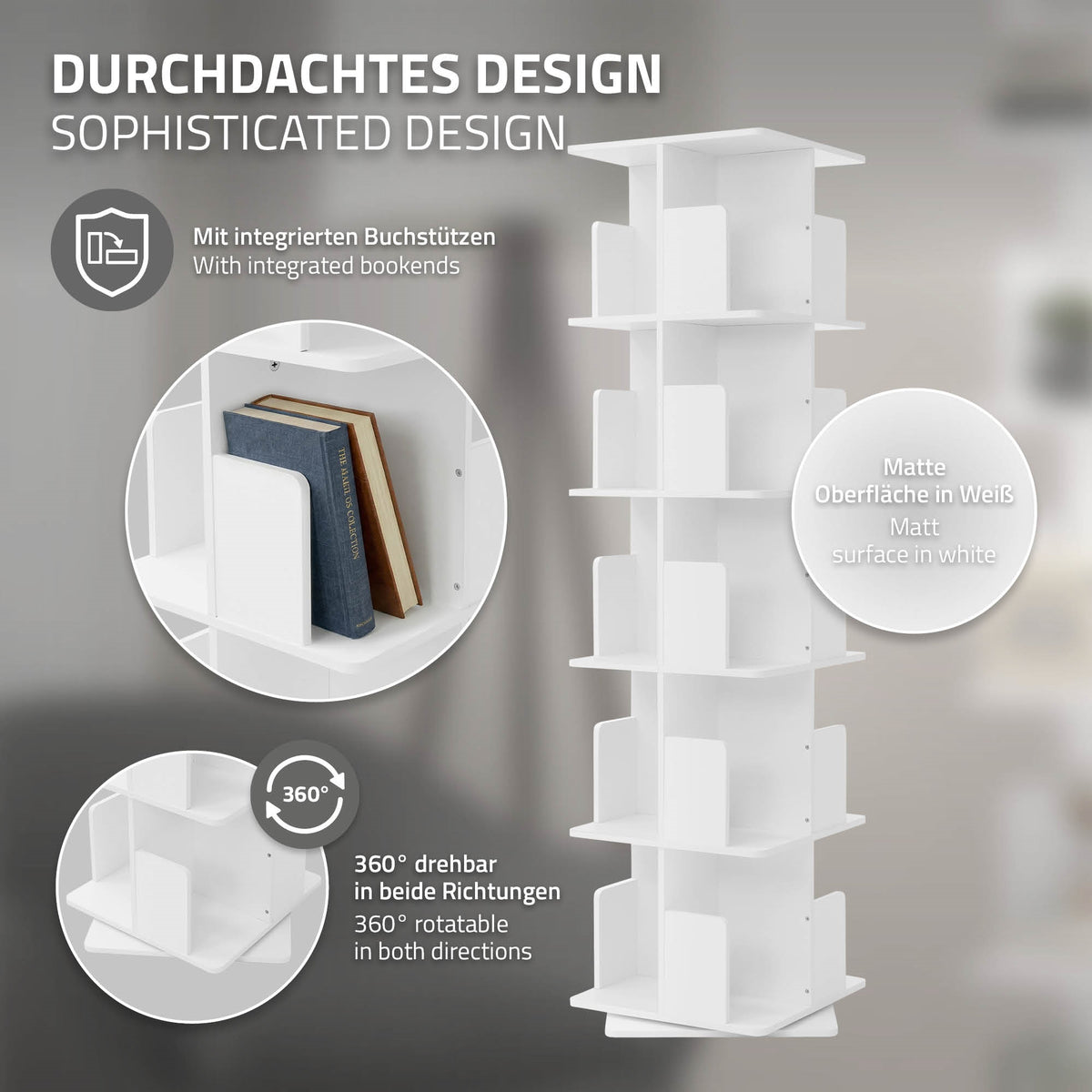 Scaffale con supporti per libri integrati, superficie opaca bianca, girevole a 360°.