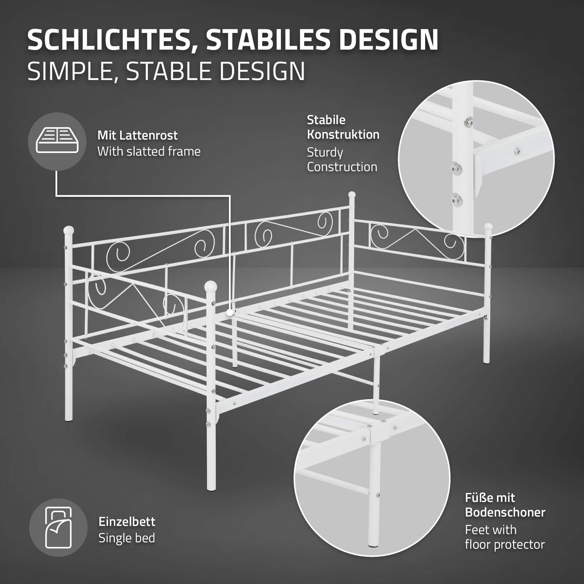 Ein einfaches, stabiles Bett mit einem schlanken Rahmen und stabiler Konstruktion.