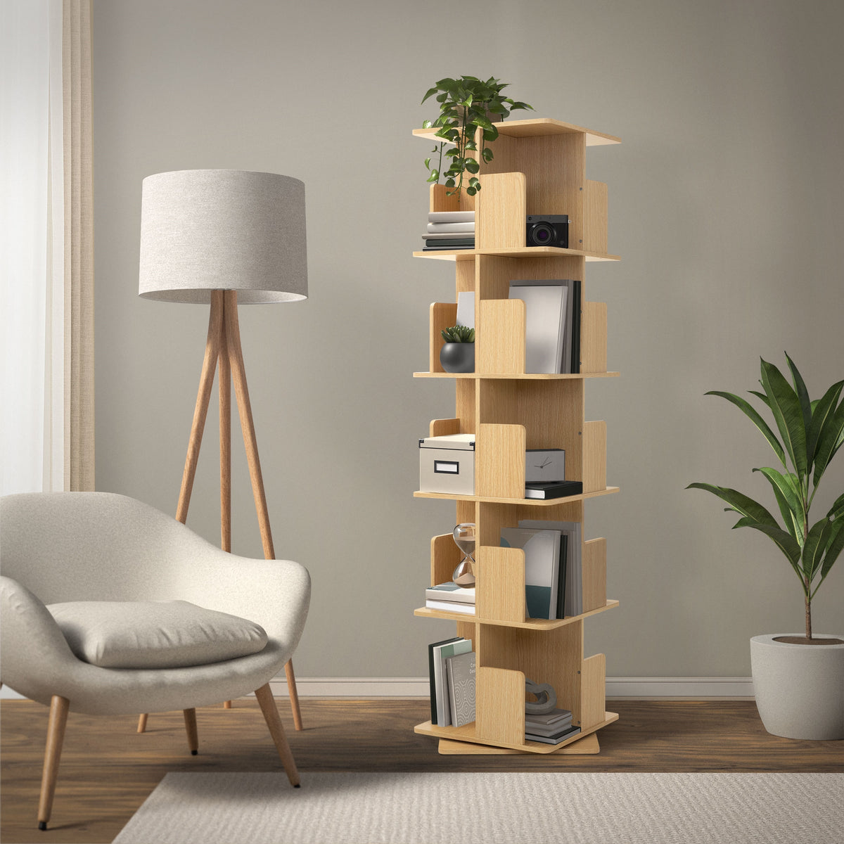 Wooden shelf with plants and decoration in a bright room.
