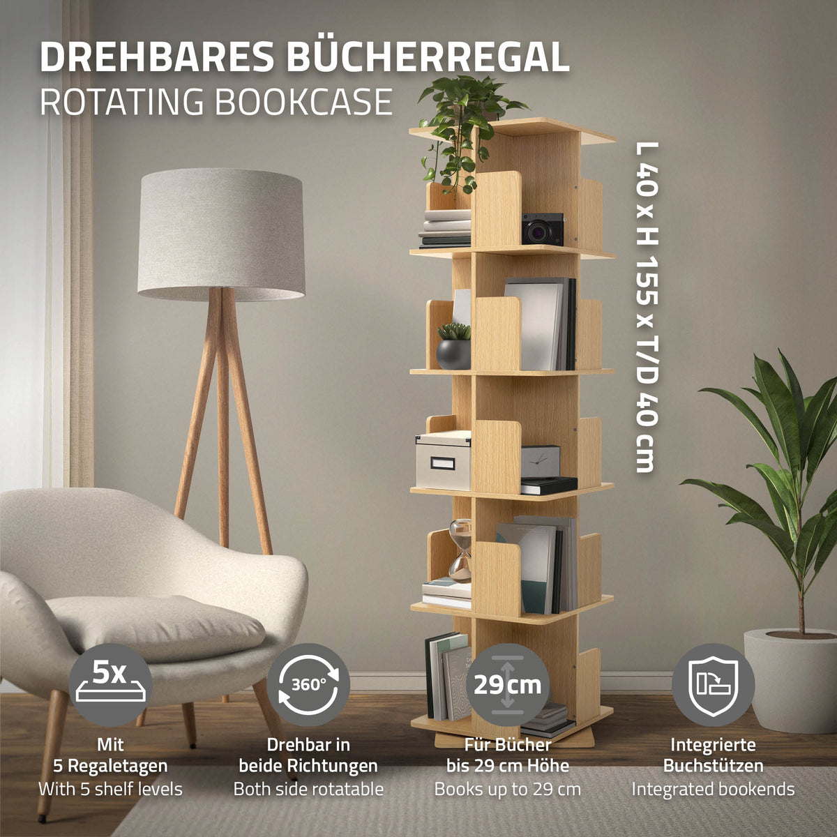 Rotating bookshelf with five shelves and integrated book supports.