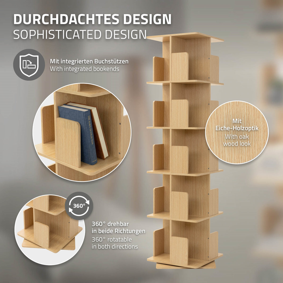 Shelf with integrated book supports, oak wood look, 360° rotatable.