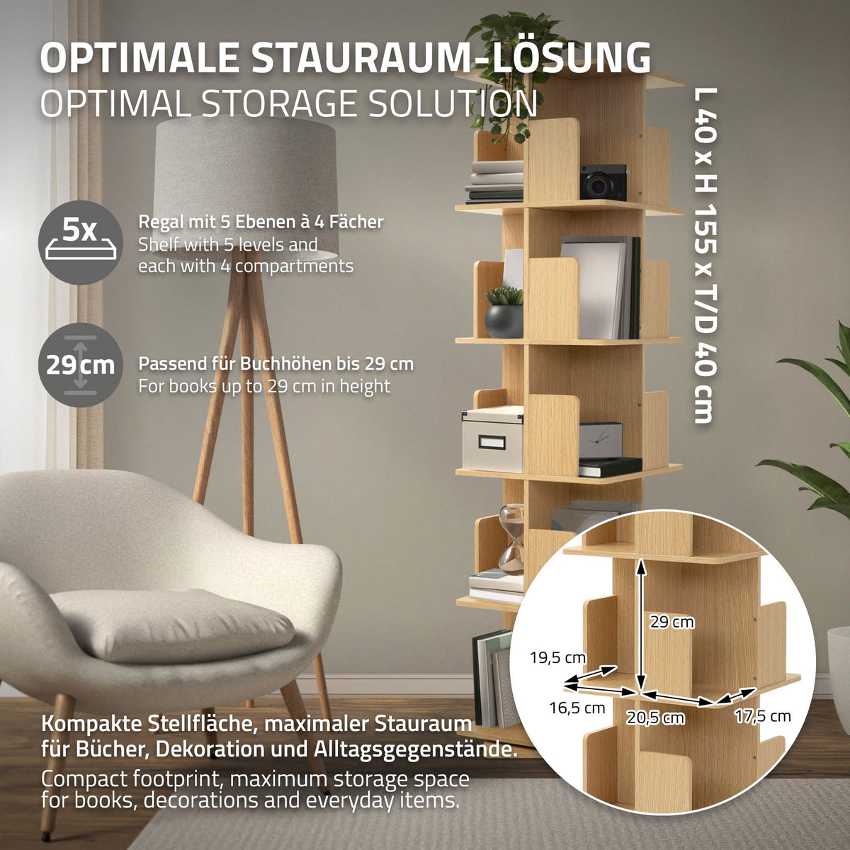 Shelf with five levels and compartments for books and decoration, dimensions 40x155x40 cm.
