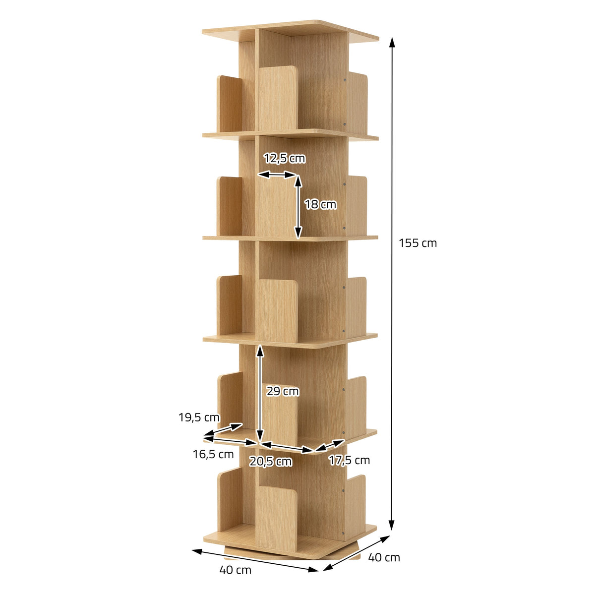 A shelf with multiple compartments in light wood, 155 cm high.