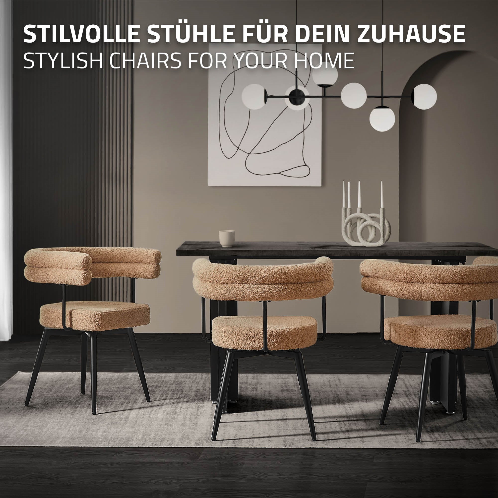 Sedie da pranzo moderne in beige attorno a un tavolo, con decorazione.